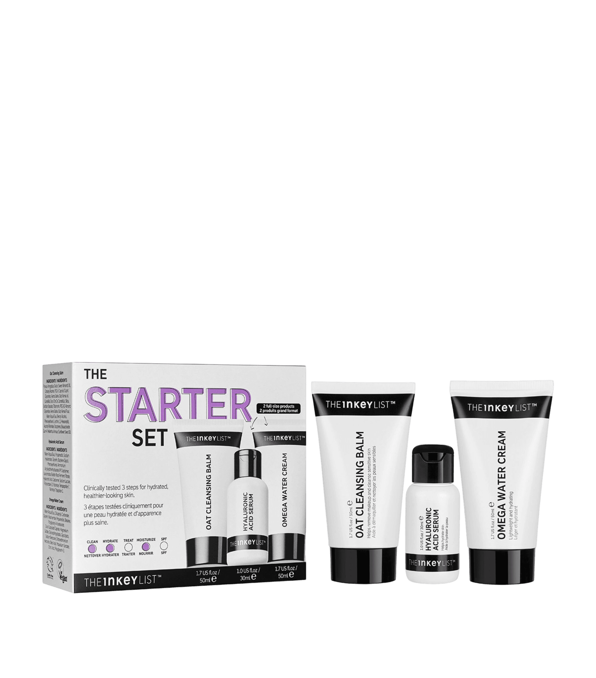 The Inkey List The Starter Set skincare kit featuring three clinically tested products for hydrated, healthier-looking skin. Ideal for all skin types, including dry and sensitive skin.
