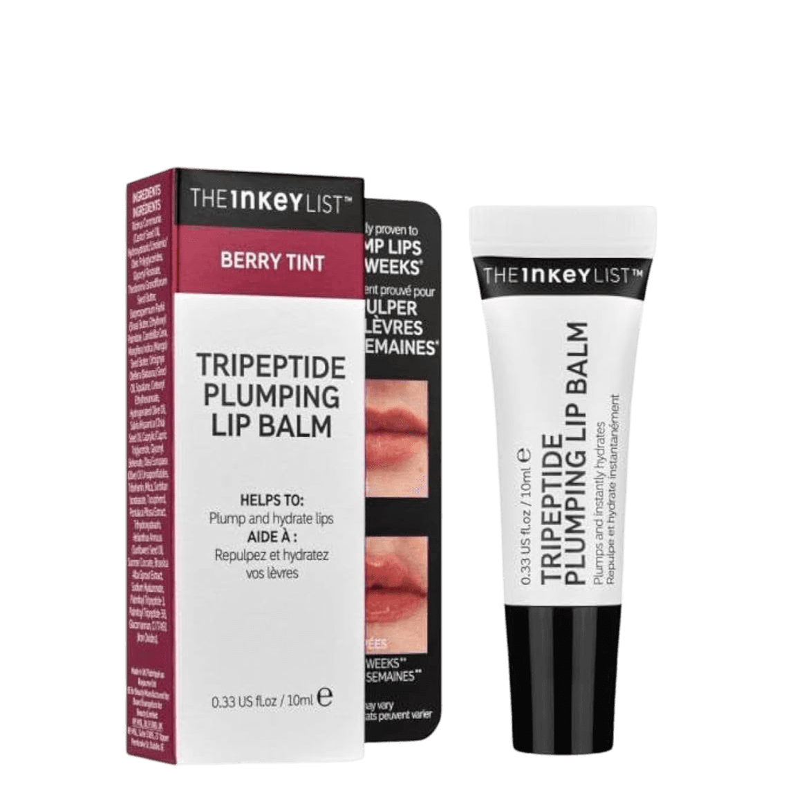 The Inkey List Tripeptide Plumping Lip Balm Berry Tint 10 ml enhances lip volume by up to 40% in 4 weeks. Hydrates, repairs, and plumps for fuller, healthier lips.