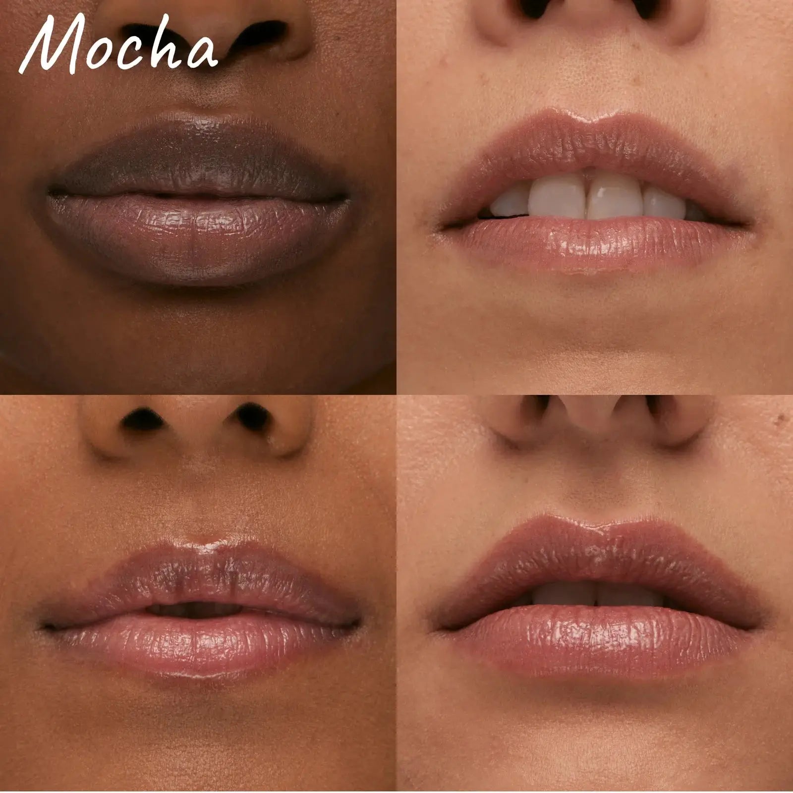 Close-up of four different lips wearing The Inkey List Tripeptide Plumping Lip Balm Mocha Tint, showcasing its hydrating and plumping effect.
