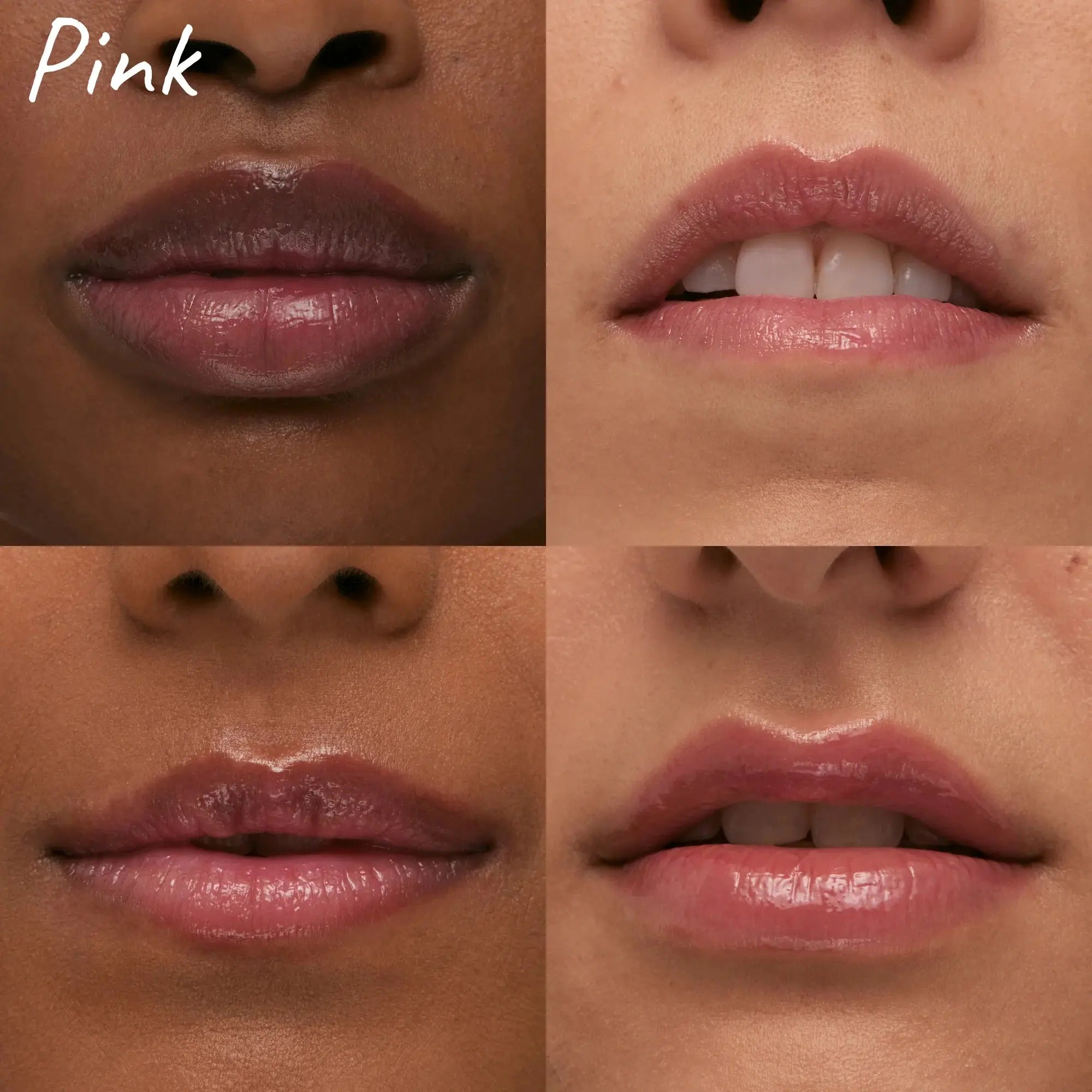 Multiple models wearing The Inkey List Tripeptide Plumping Lip Balm in Pink Tint. Provides a natural, glossy finish while enhancing lip volume.