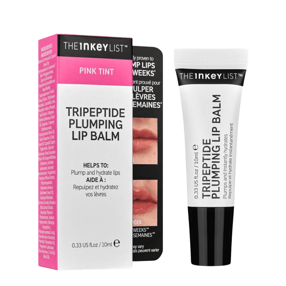 The Inkey List Tripeptide Plumping Lip Balm Pink Tint 10 ml with packaging. Clinically proven to plump lips by up to 40% in 4 weeks for fuller, hydrated lips.