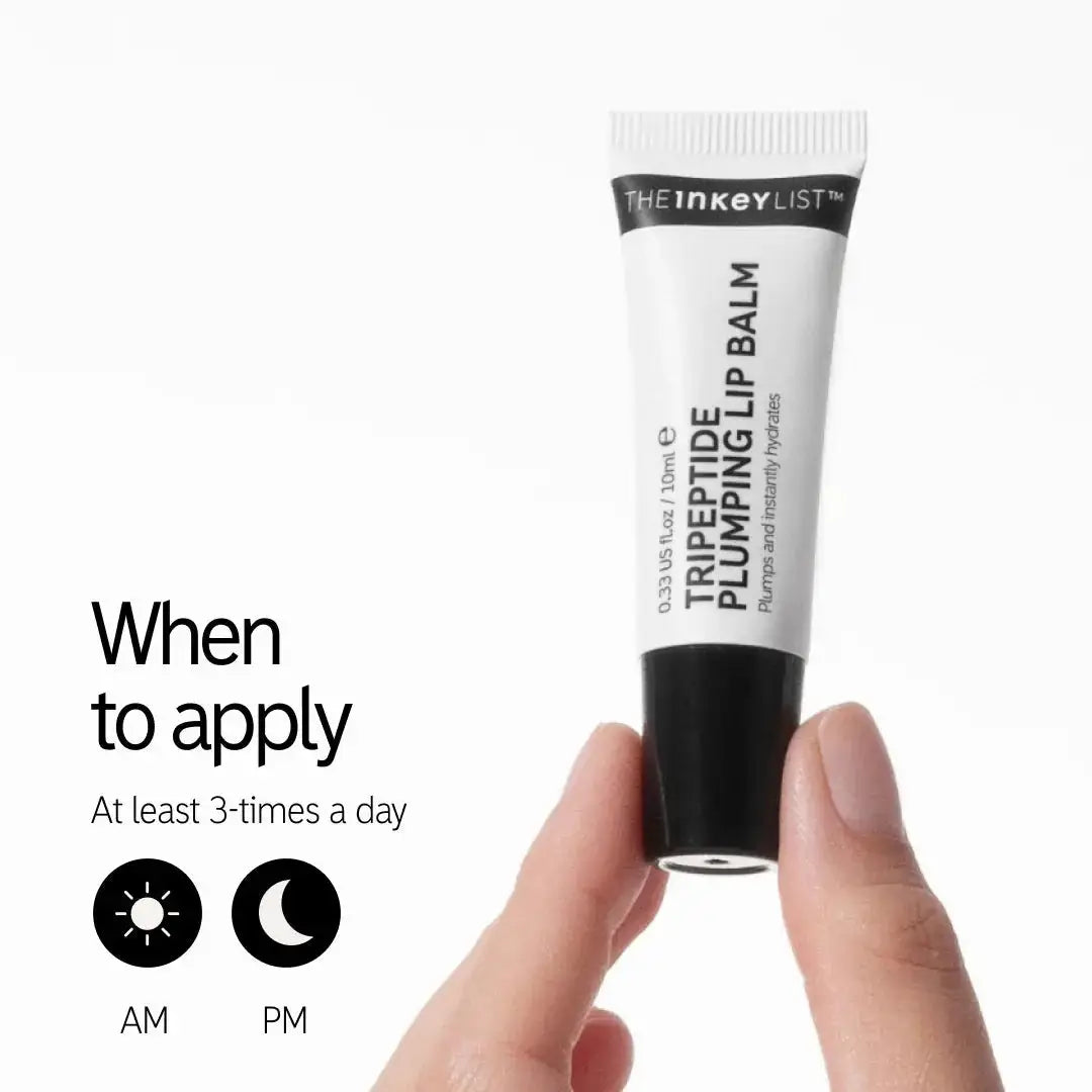 The Inkey List Tripeptide Plumping Lip Balm Pink Tint tube with application instructions. Recommended use is at least three times a day for best results.