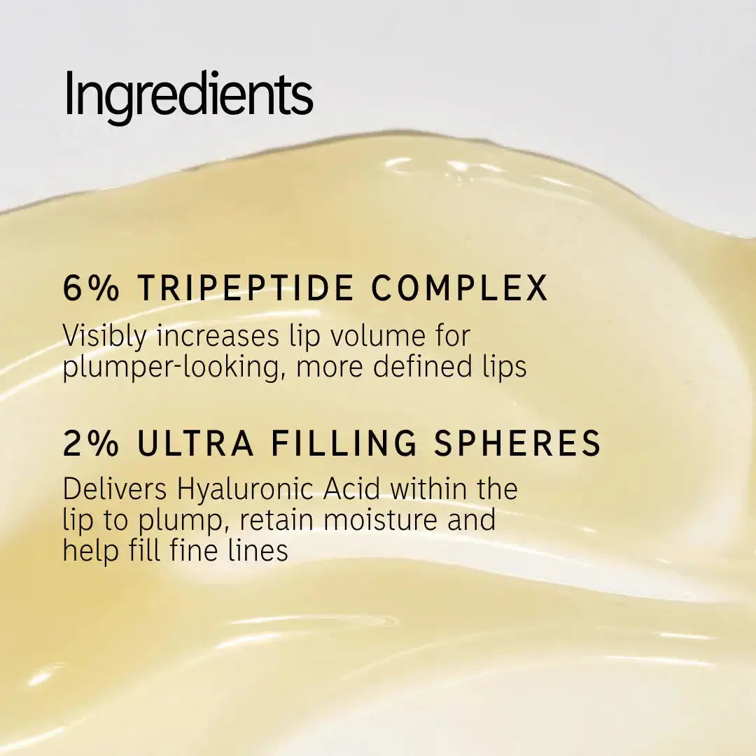 Key ingredients of The Inkey List Tripeptide Plumping Lip Balm. Contains 6% Tripeptide Complex and 2% Ultra Filling Spheres for hydration and volume.