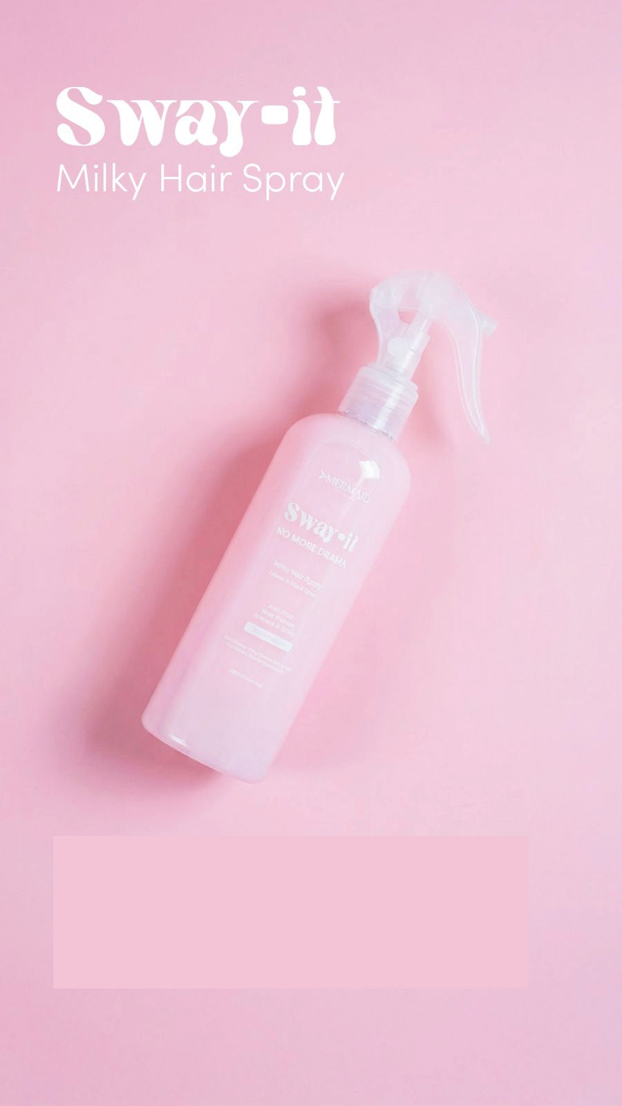 Mermaid Milky Leave-in Conditioner - Frizz Control in a 300 ml pink spray bottle on a pastel pink background. Ideal for dry, damaged, or colored hair.