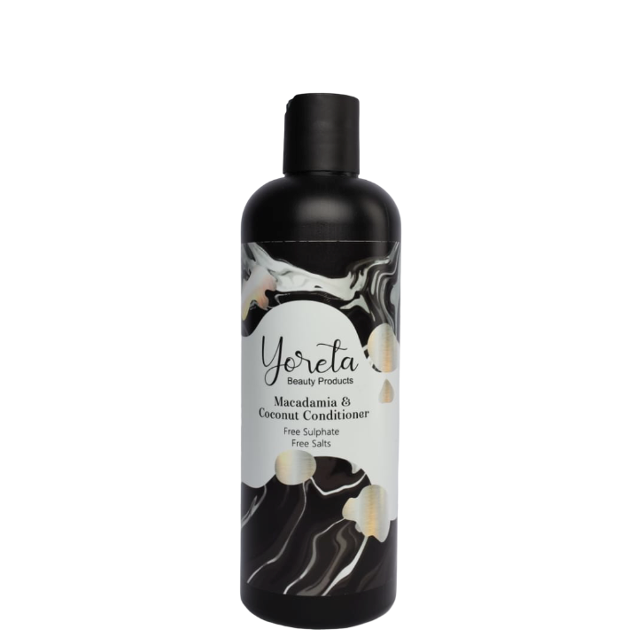 Yoreta Macadamia Coconut Conditioner 500 ml bottle with black and white swirl design, ideal for nourishing dry, frizzy, or damaged hair.