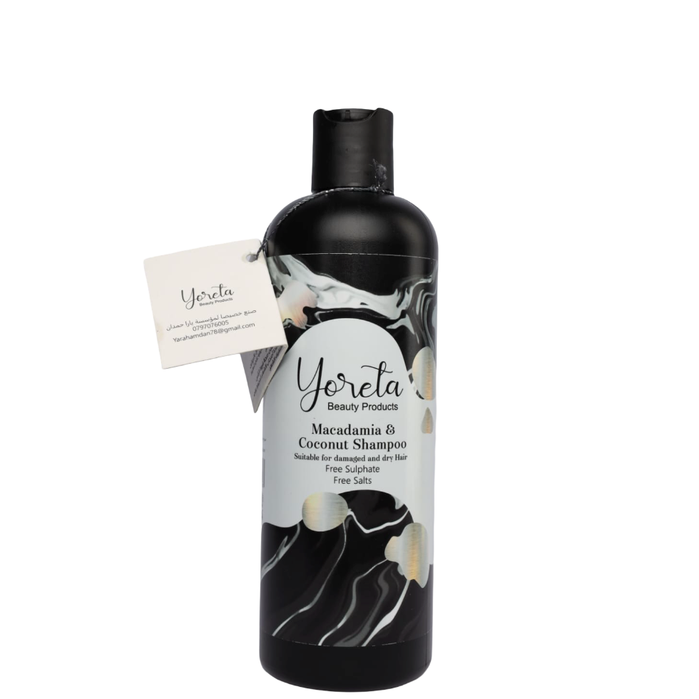 Yoreta Hair Shampoo - Macadamia Coconut in 500ml black bottle with sleek design, ideal for dry, frizzy, and damaged hair care routines.