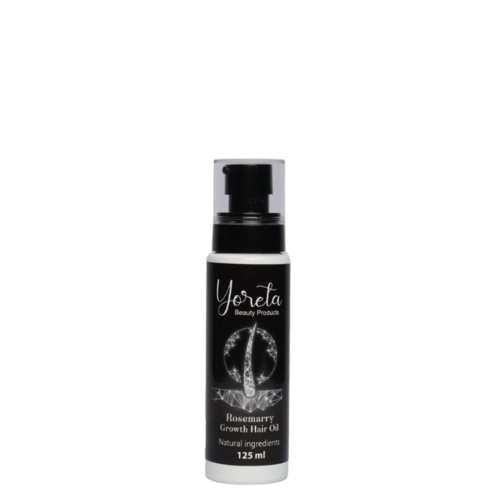 Yoreta Rosemary Growth Hair Oil 125 ml bottle for hair growth stimulation and scalp nourishment. Ideal for all hair types, free from sulfates and parabens.