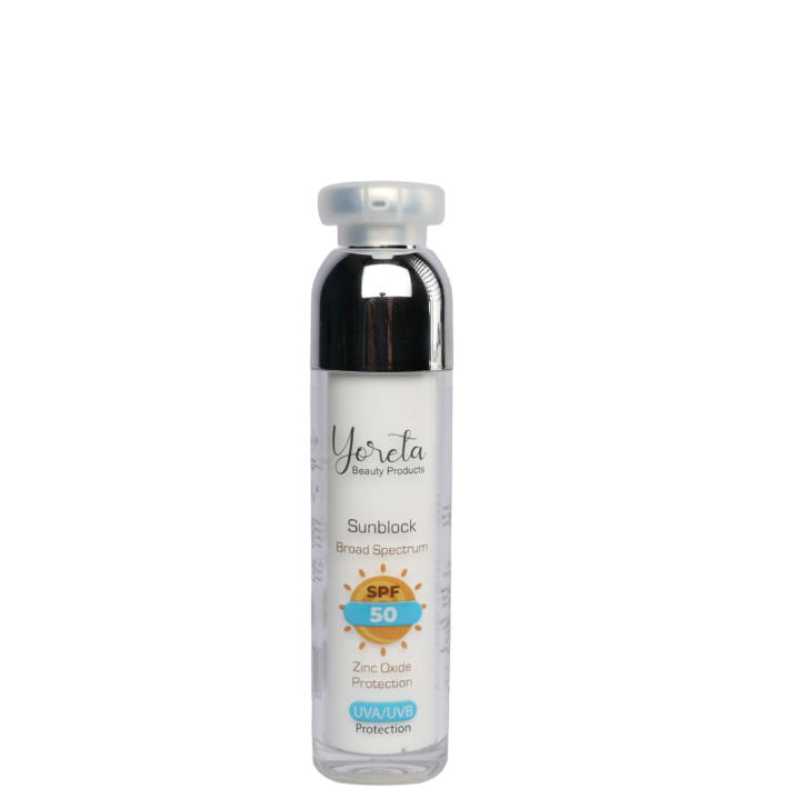 Yoreta SPF50 Sunblock with broad spectrum UVA/UVB protection in a sleek transparent bottle, ideal for sensitive skin and daily sun defense.