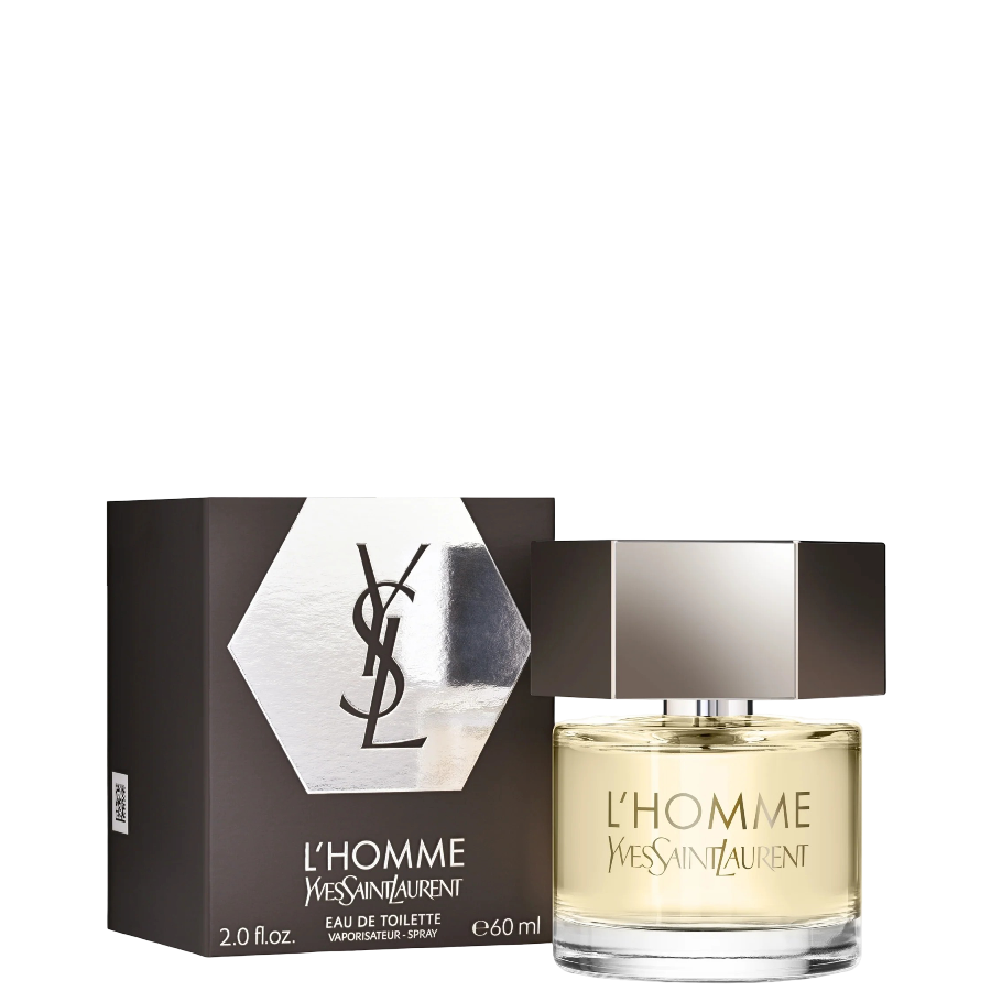 YSL L'Homme Eau De Toilette for men 60 ml with box, featuring sleek packaging and a modern hexagonal cap design. Woody, spicy ginger and cedar scent.
