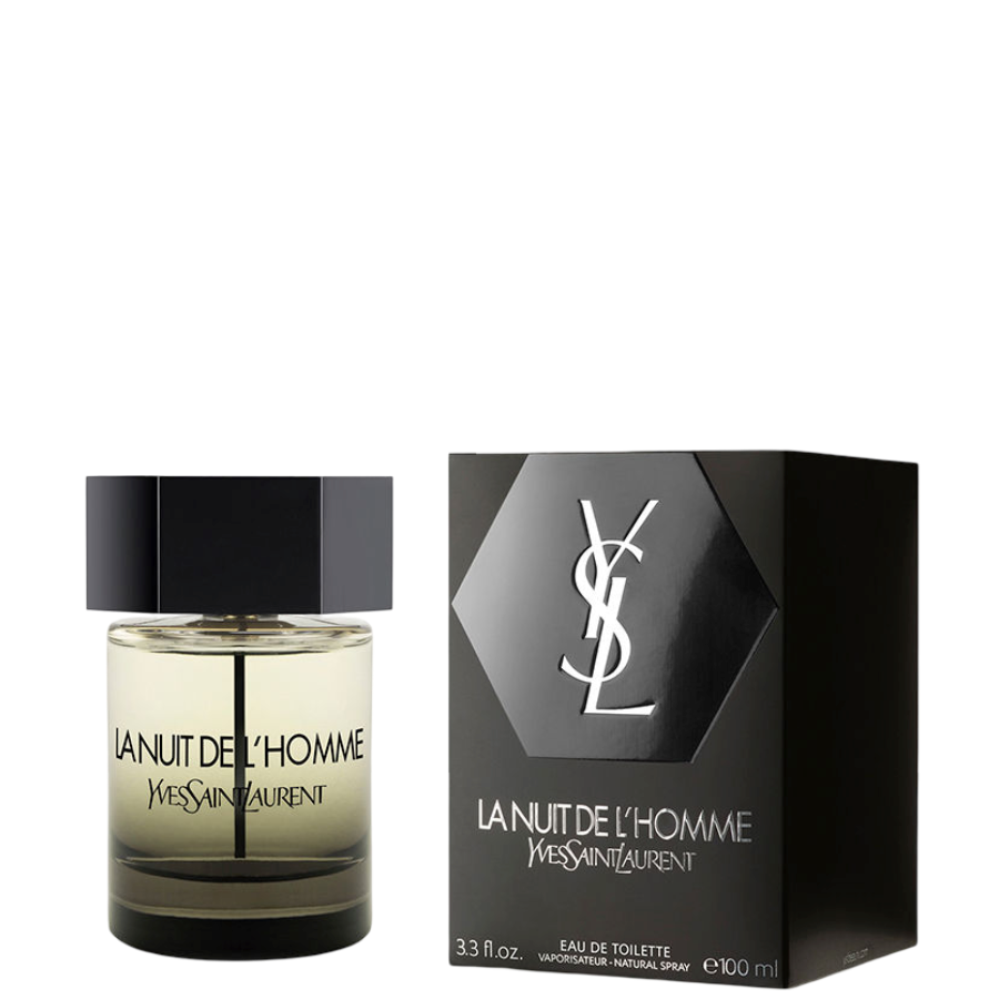 YSL La Nuit de L'Homme Eau De Toilette 100 ml bottle with packaging, a men’s woody spicy fragrance featuring cardamom and cedar notes.