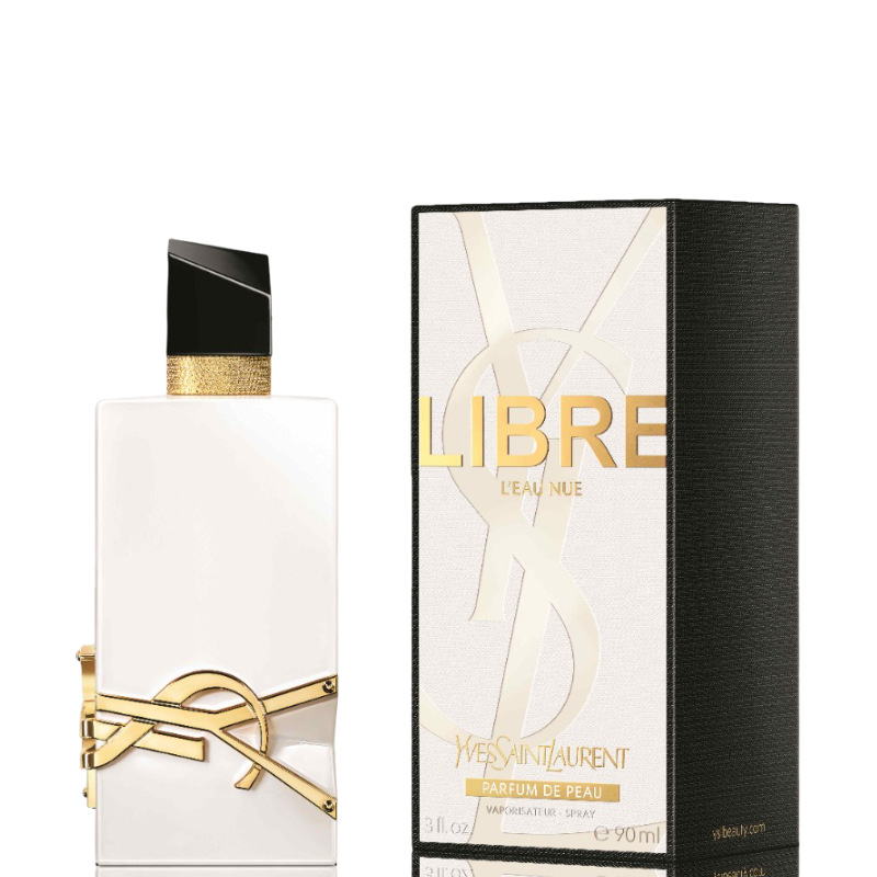 YSL Libre L'Eau Nue Perfume 90 ml bottle and packaging, featuring a sleek white design with gold YSL logo for a luxury citrus fragrance.