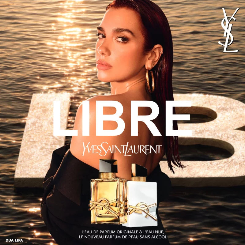 YSL Libre L'Eau Nue and original Libre perfumes featured in a promotional ad with model, highlighting the alcohol-free citrus scent.
