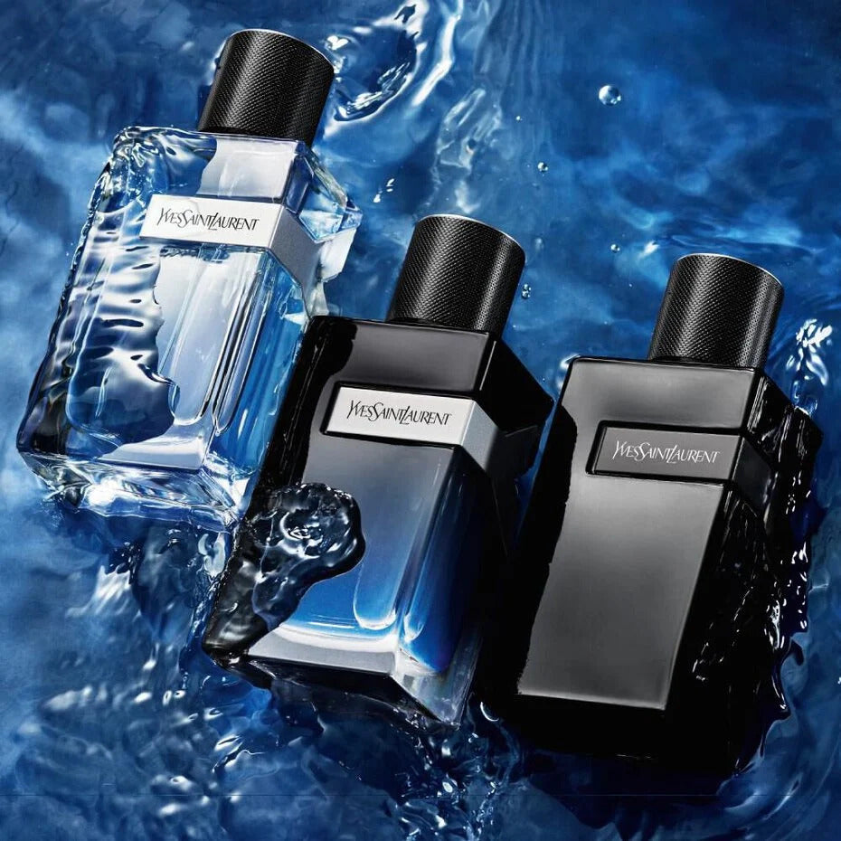 YSL Y fragrance trio for men in water, featuring Y Le Parfum, Eau de Parfum, and Eau de Toilette with bold, fresh, and intense designs.