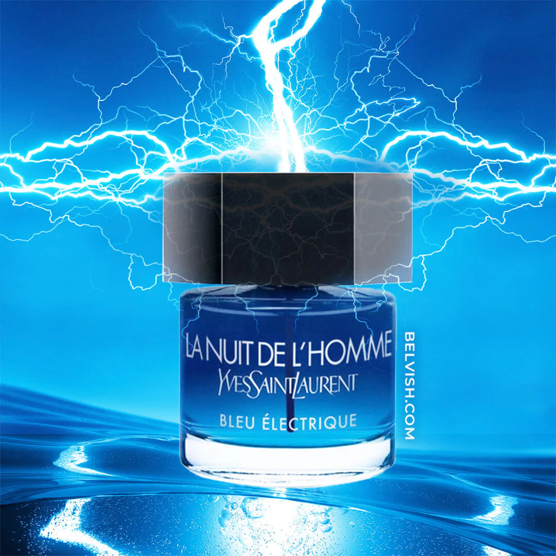 YSL La Nuit De L'Homme Eau Electrique perfume bottle in electric blue with lightning background, highlighting its bold fougere and vanilla scent.
