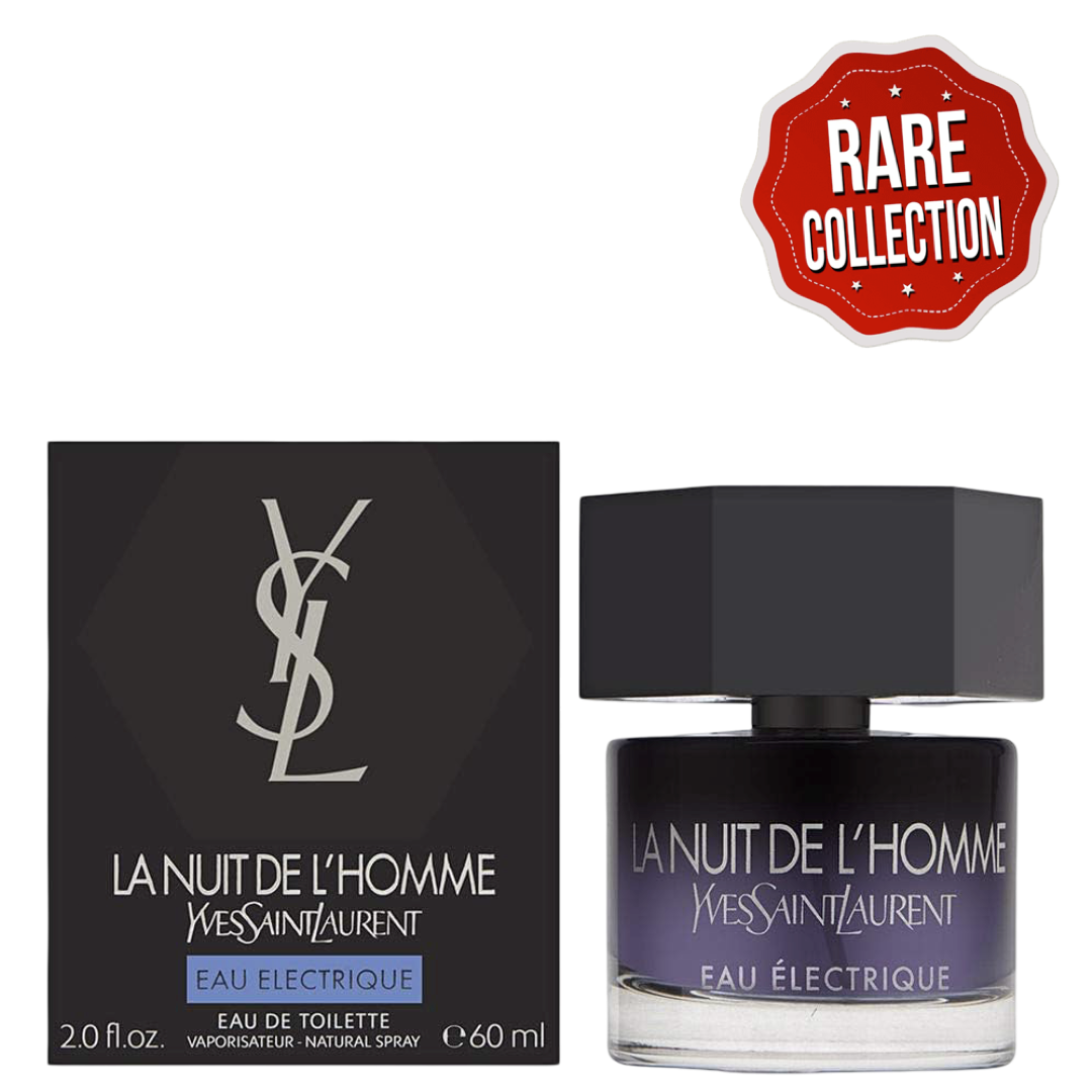 YSL Eau Electrique - La Nuit De L'Homme 60ml Eau De Toilette for men with rare collection label, featuring sleek black and blue packaging.