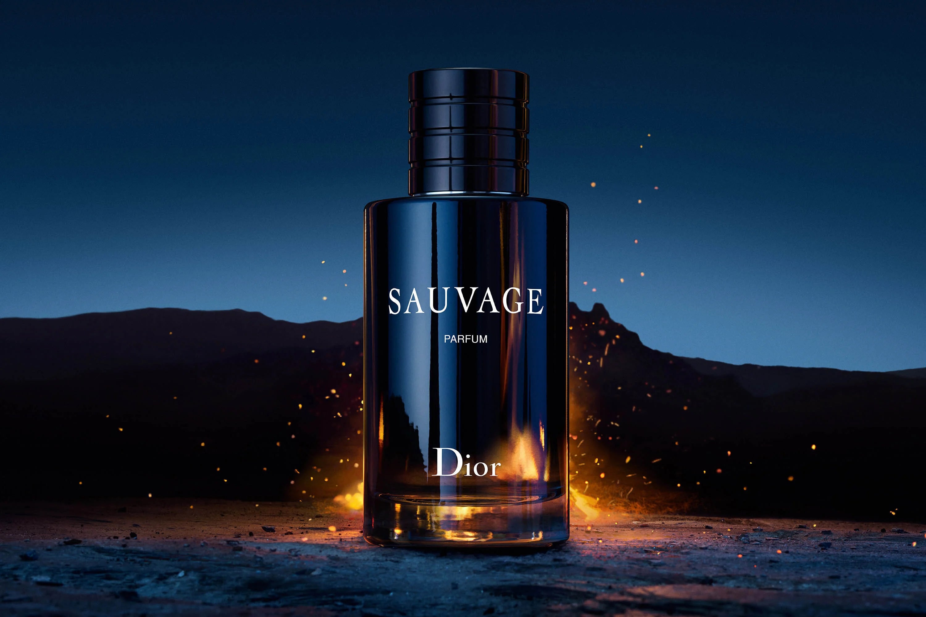 Dior Sauvage Perfume - 100ml Eau de Parfum showcased against a fiery twilight backdrop, highlighting its spicy and vanilla scent profile.