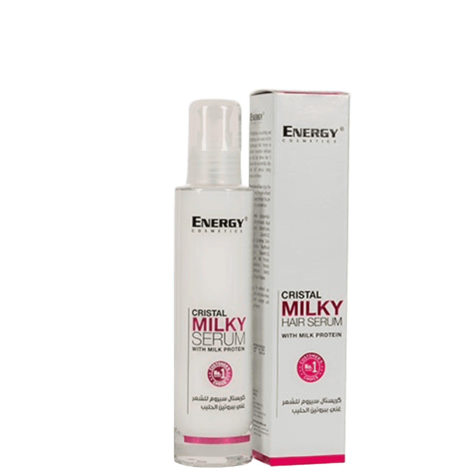 White bottle of energy Cristal Milky Hair Serum with milk protein, featuring a pump dispenser, alongside its white packaging box with pink accents, designed for nourishing hair care.