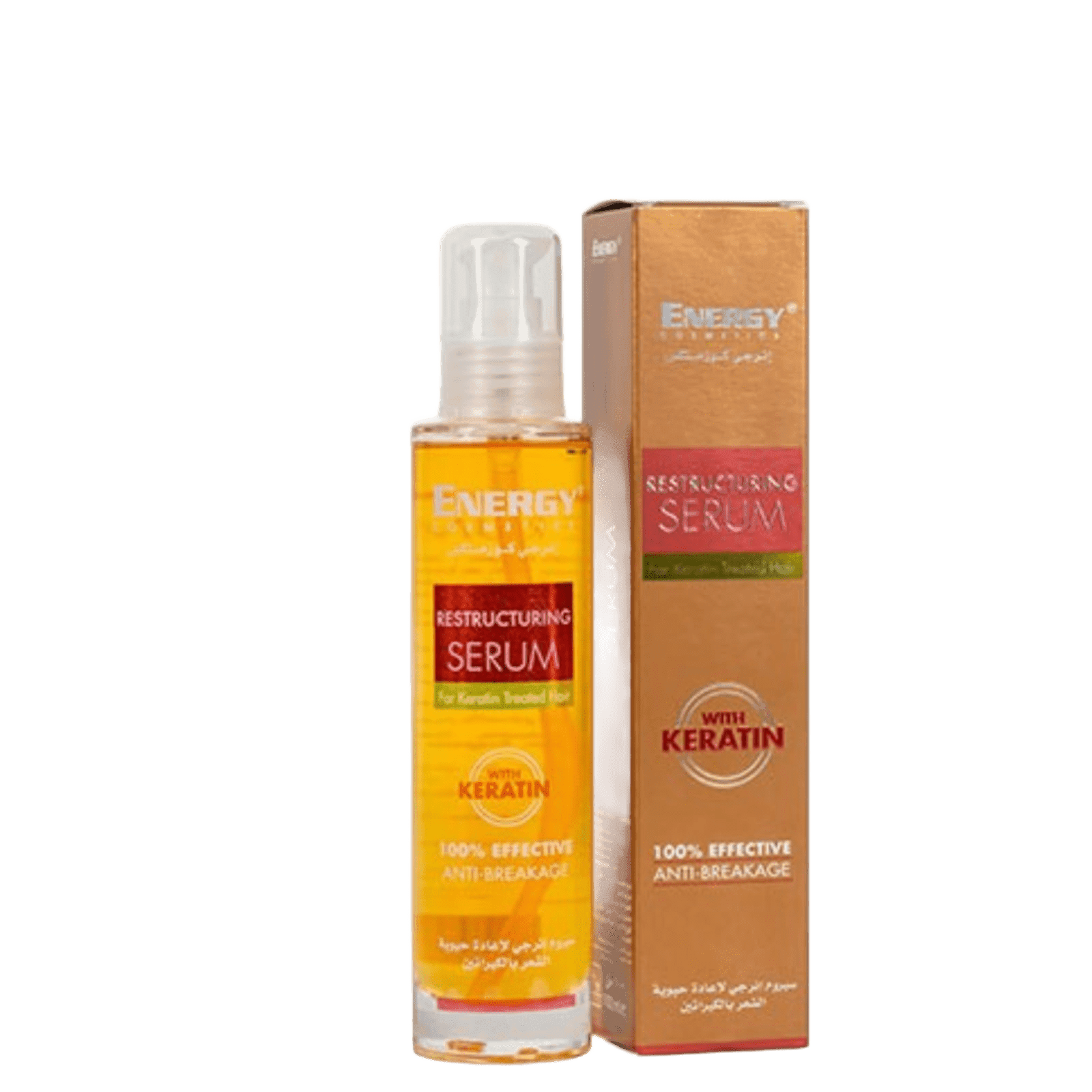 Keratin restructuring hair serum in a yellow bottle with a clear pump dispenser, packaging box beside it, anti-breakage hair treatment
