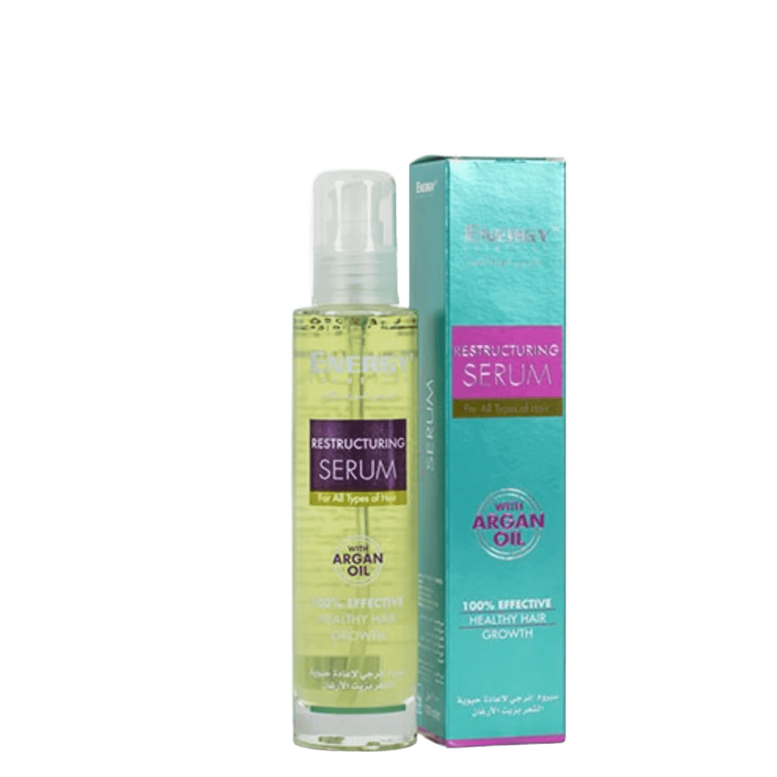 Argan oil hair restructuring serum in a clear plastic bottle with a pump, yellow liquid, and purple label, alongside turquoise box with pink label