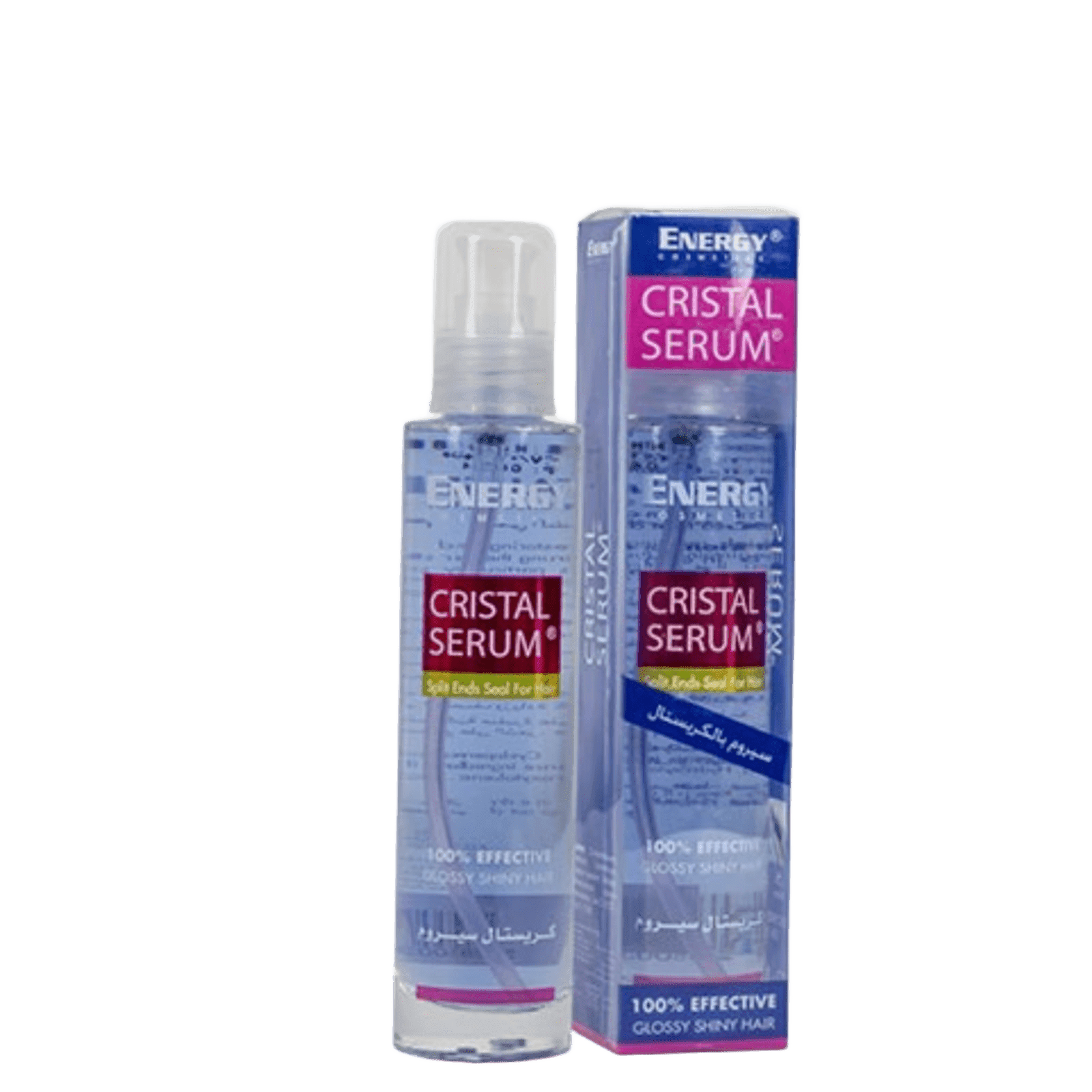 Energy Crystal Serum for healthy hair in a clear spray bottle with blue and pink label, designed for hair repair and frizz control