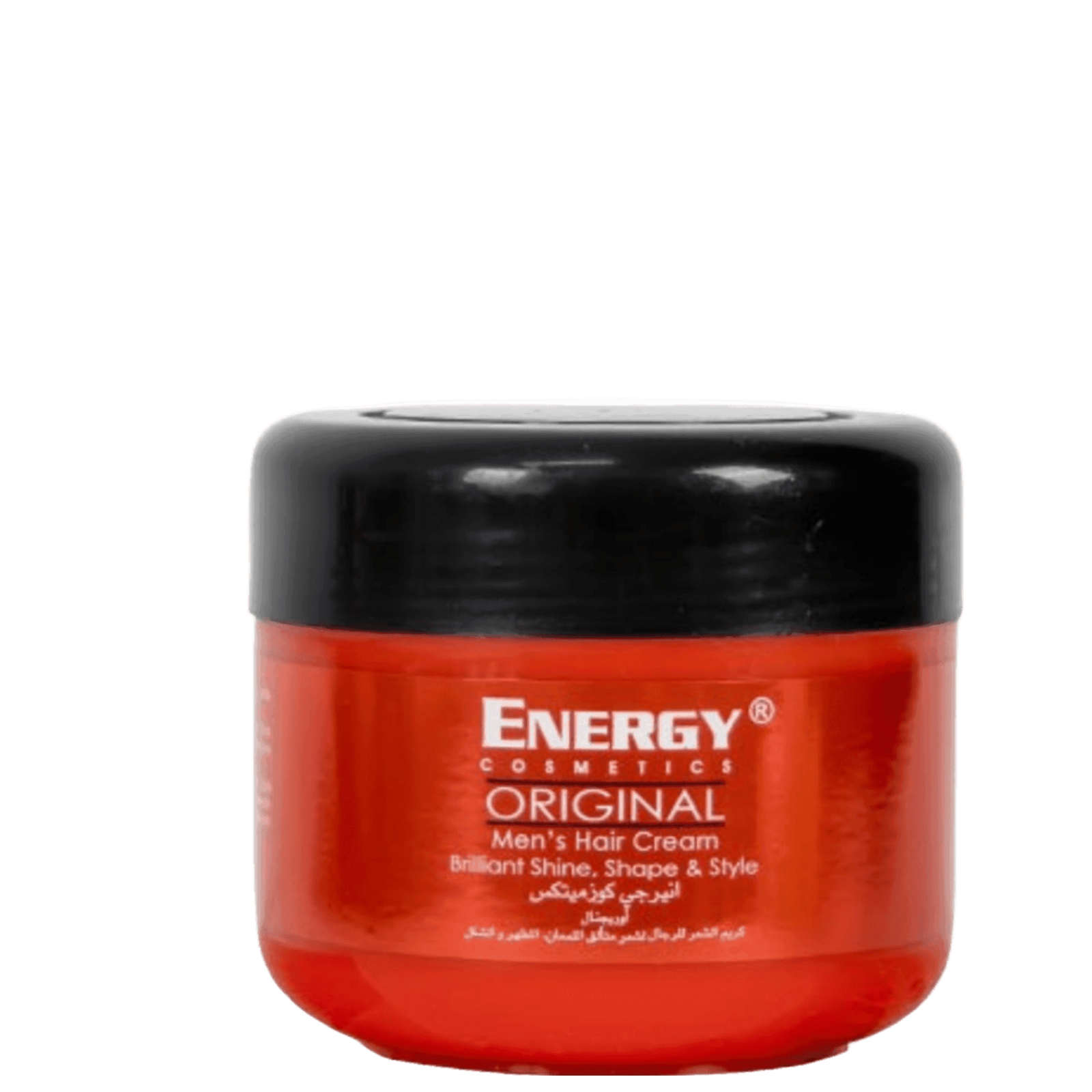 Red container of Energy Men’s Hair Cream for Styling with black lid, featuring bold white and red text highlighting strong hold and hair protection