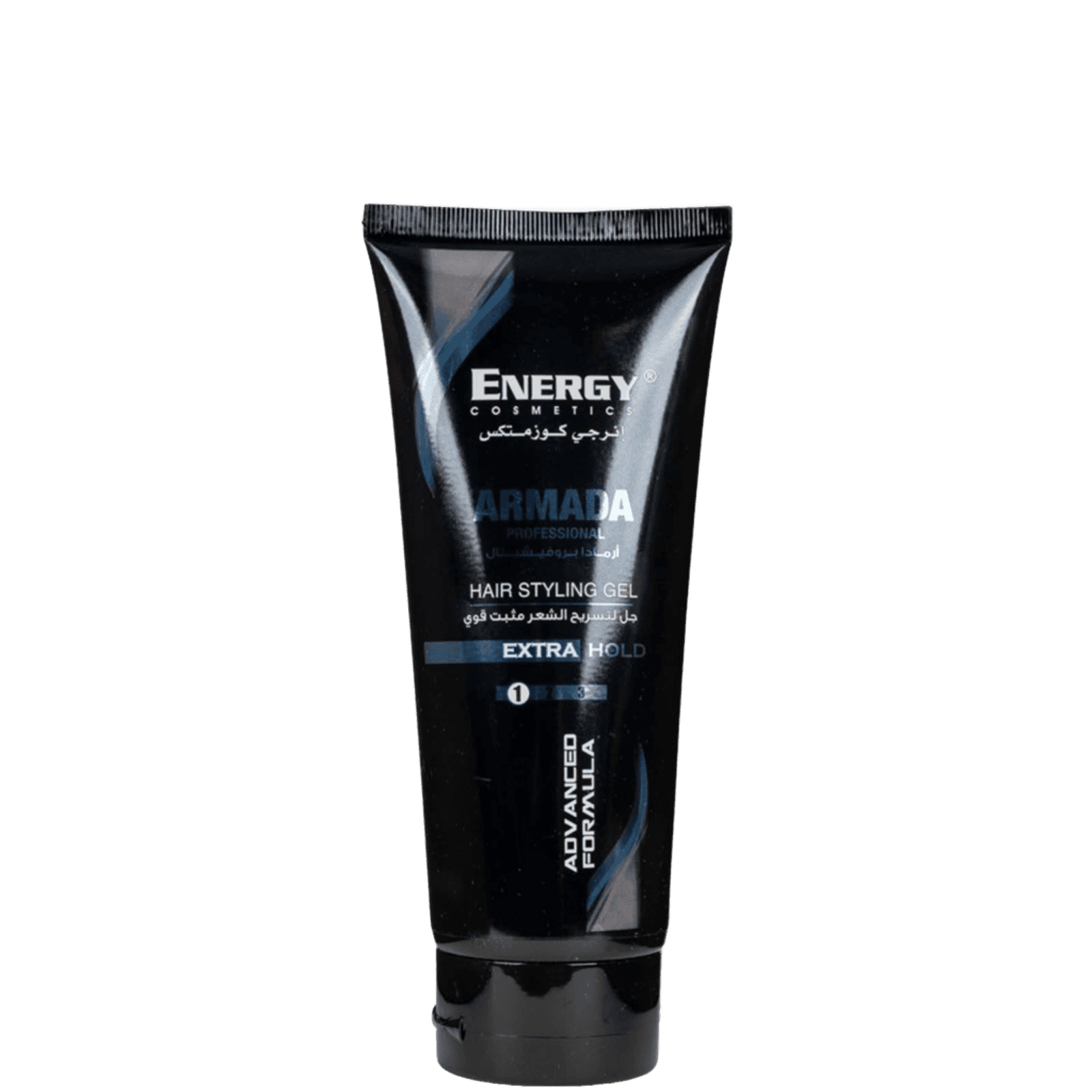 Black tube of Energy Armada hair styling gel extra hold with blue and white text, designed for strong, flexible hair styling, SKU: 12345