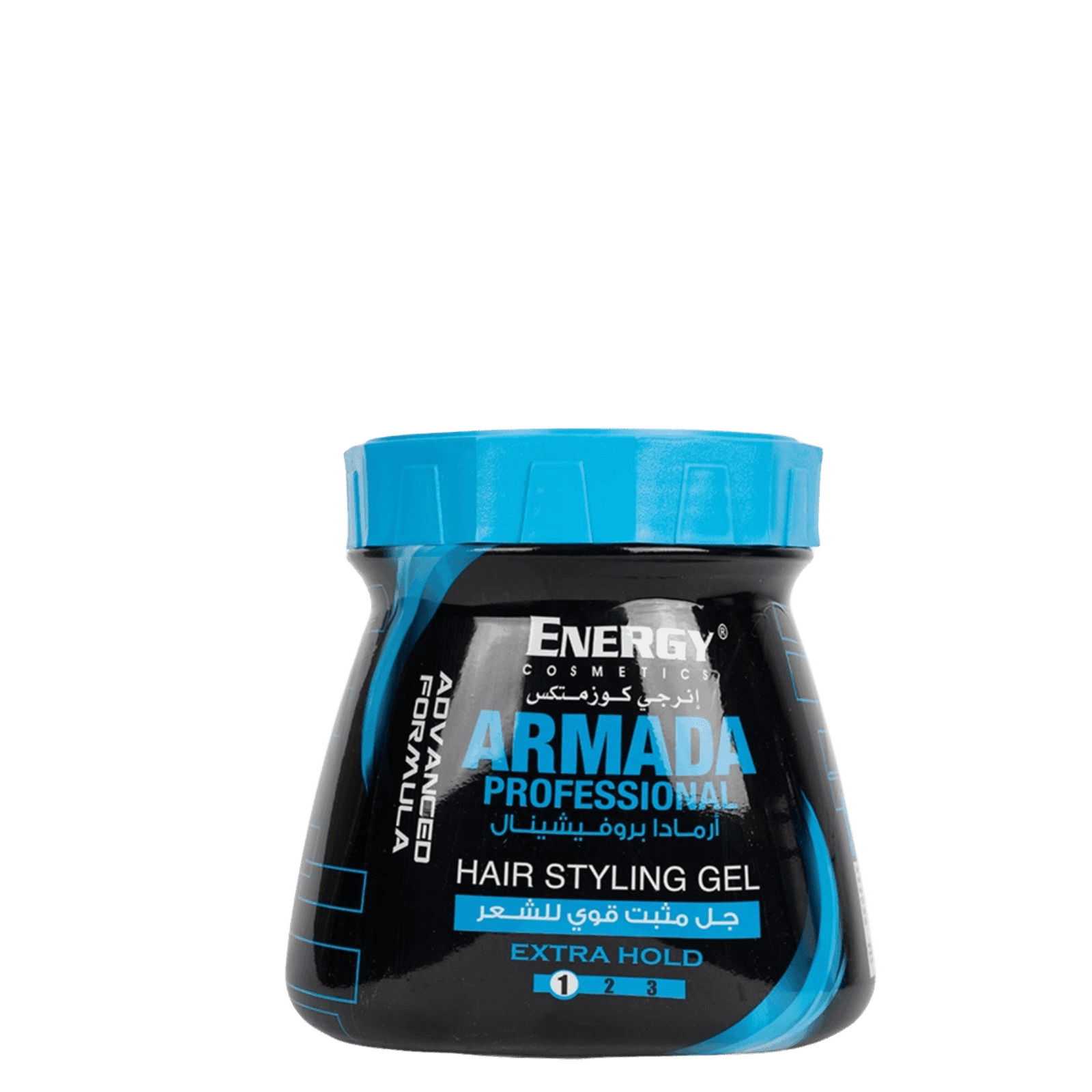 Energy Armada Professional Hair Styling Gel in black container with blue lid, featuring bold blue and white text for extra hold styling, suitable for all hair types.