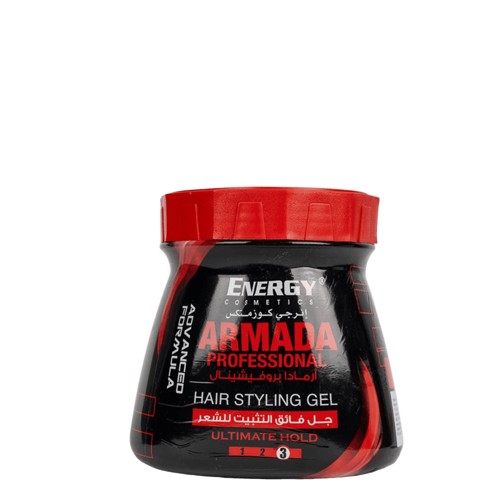 Energy Armada Professional hair styling gel in black and red bottle with red cap, designed for ultimate hold and long-lasting hairstyles