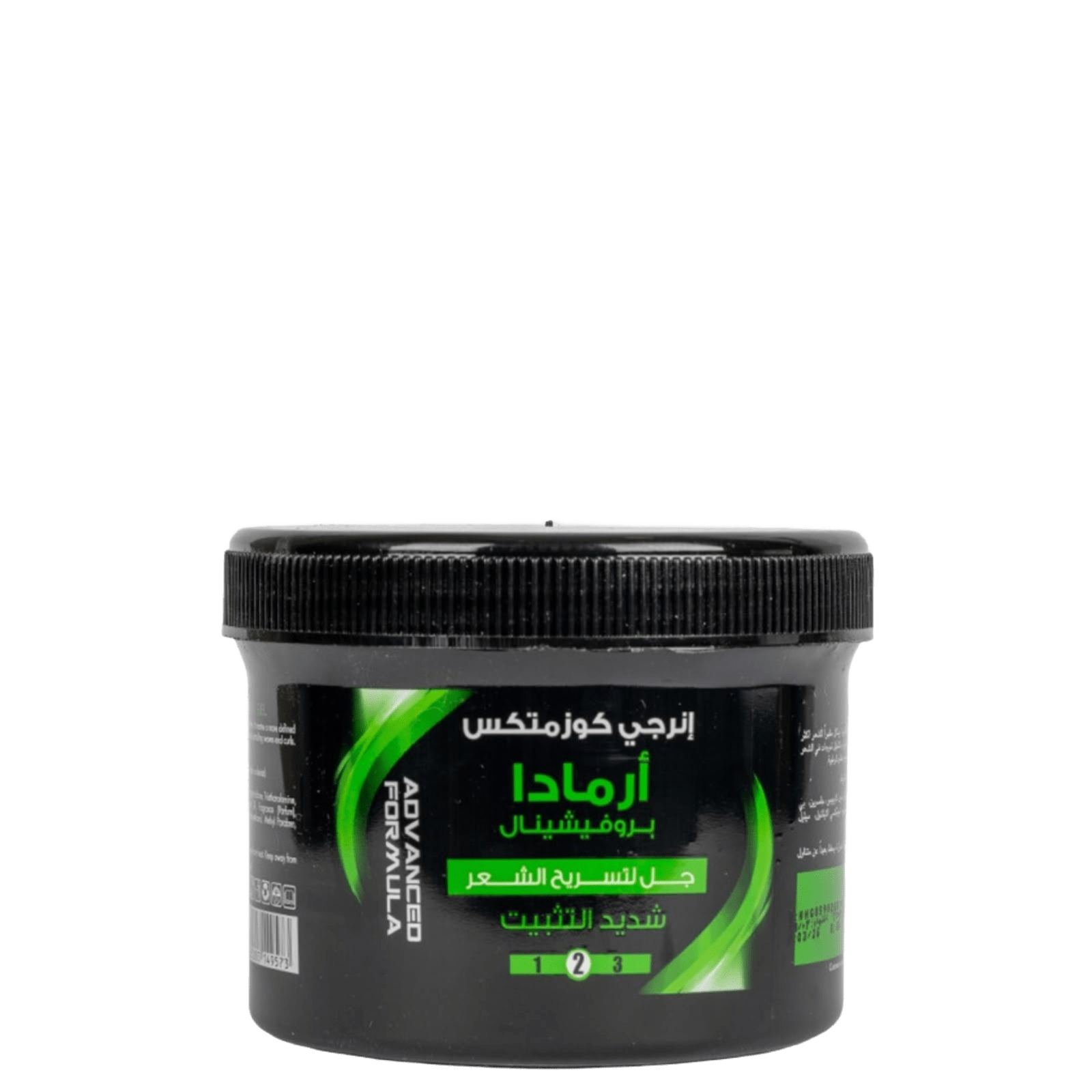 Black container of advanced hair styling gel with green accents, Arabic text, and a black screw-on lid, designed for strong hold and quick styling