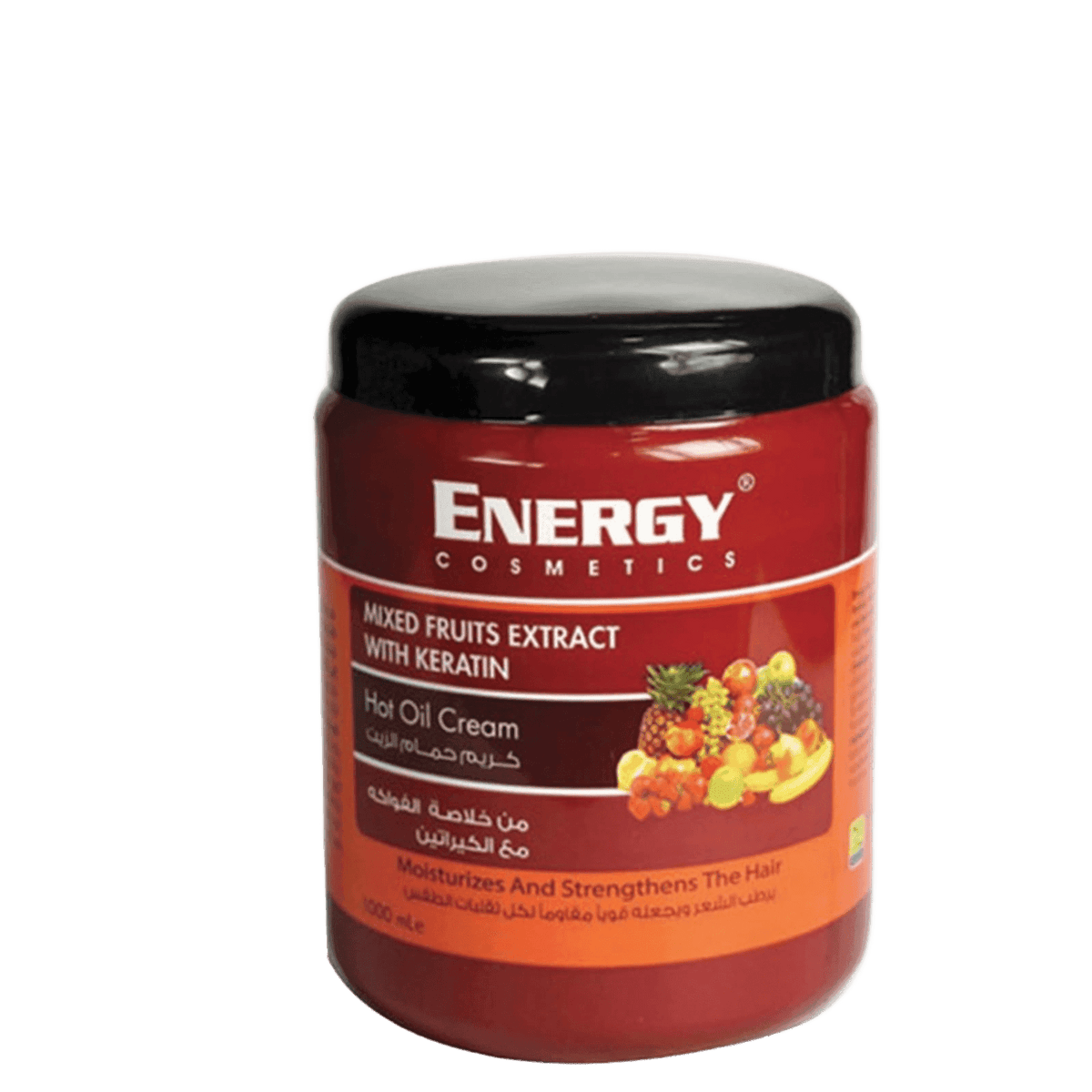 Red container of energy cosmetics mixed fruits extract with keratin hot oil cream for nourishing and strengthening hair, featuring fruit illustrations