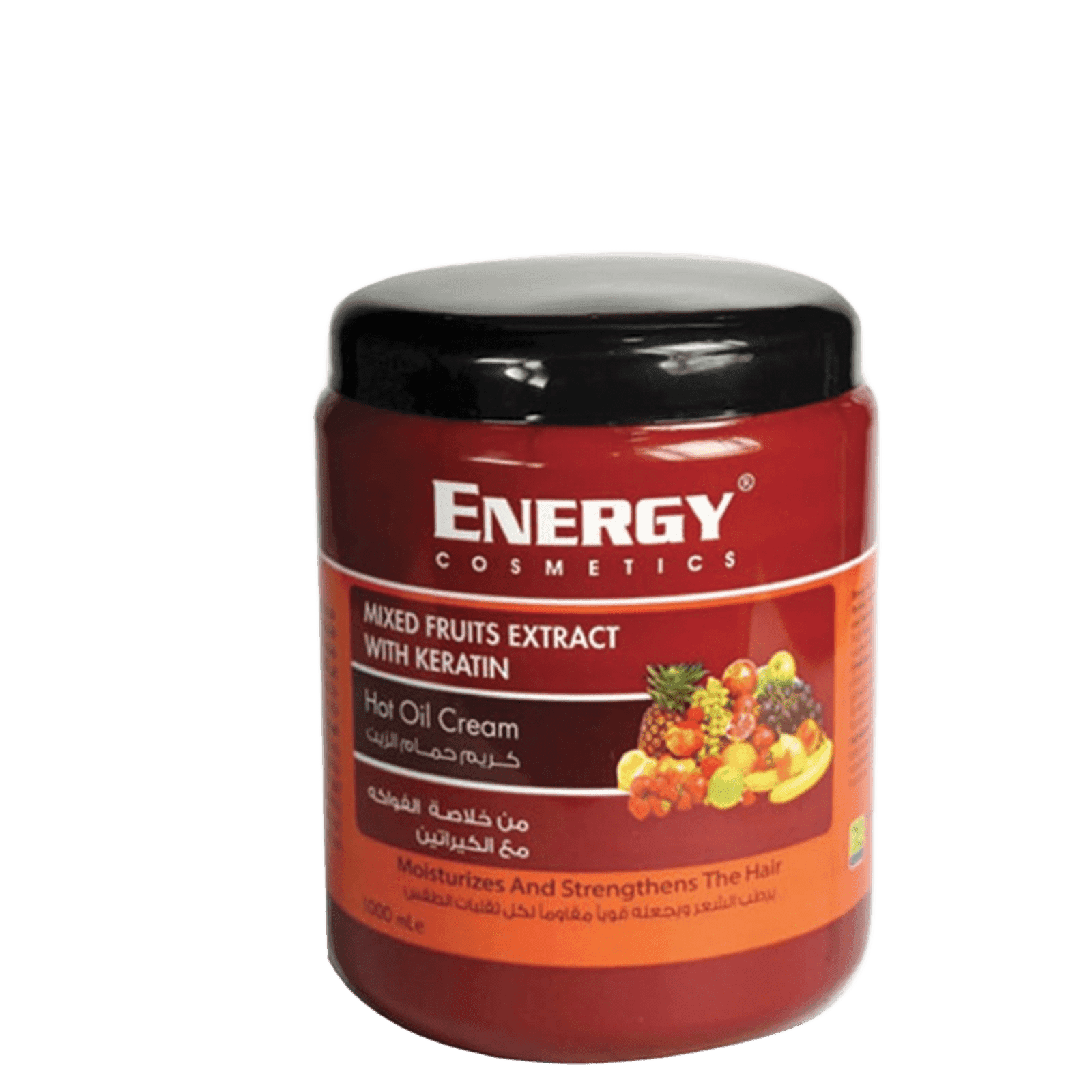 Red container of energy cosmetics mixed fruits extract with keratin hot oil cream for nourishing and strengthening hair, featuring fruit illustrations