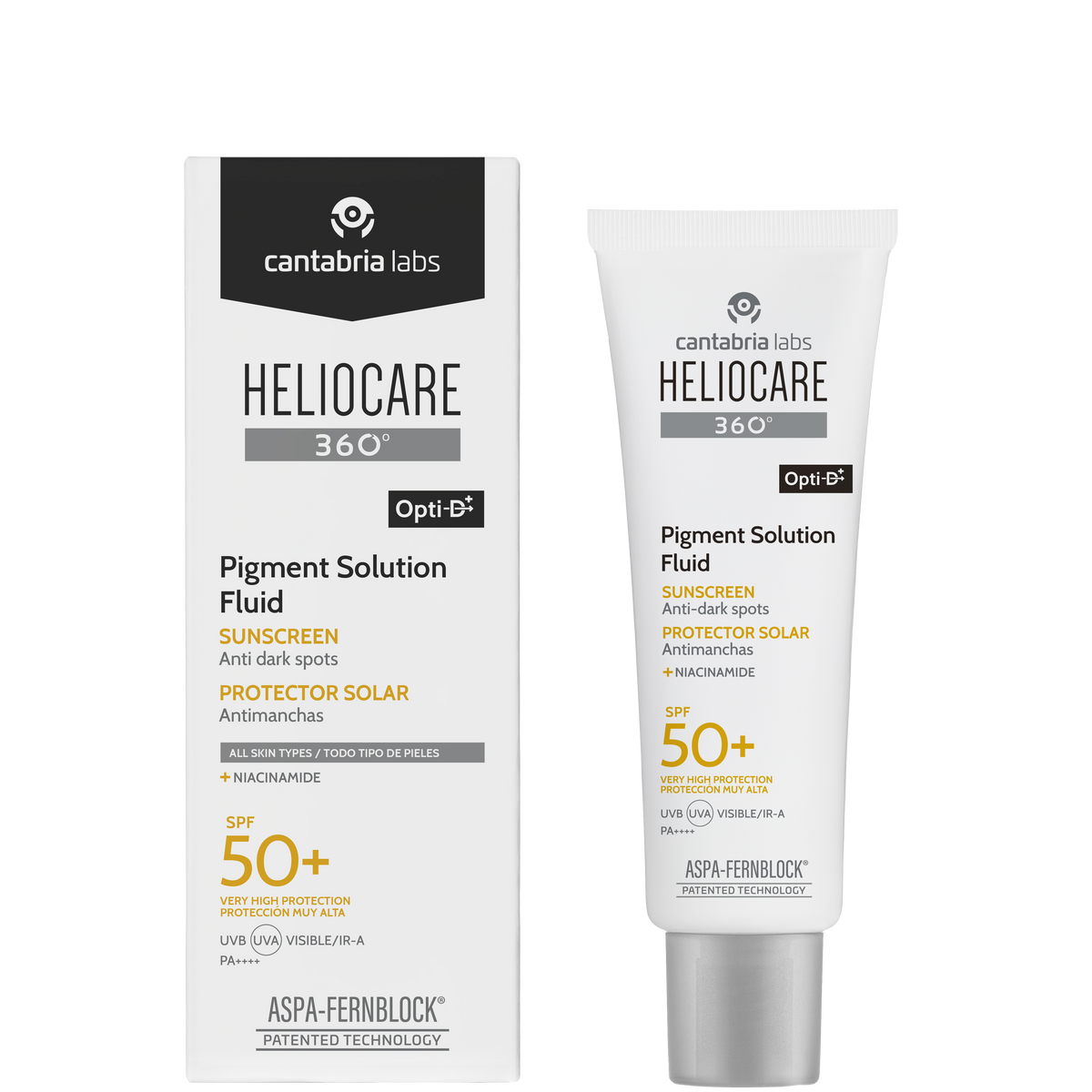 White box packaging of Cantabria Labs Heliocare 360 Pigment Solution Fluid with black and gray label, SPF50+ protection, anti-dark spots, suitable for all skin types