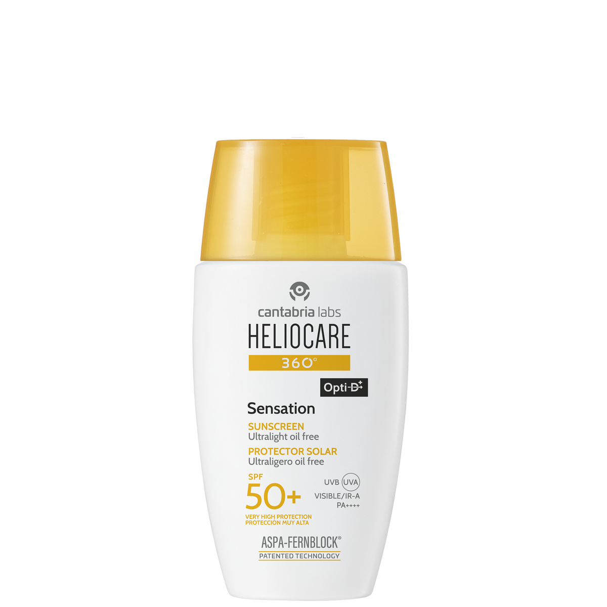 Heliocare 360 Sensation SPF50+ sunblock in white bottle with yellow cap, lightweight oil-free formula for daily UV protection, 50 ml