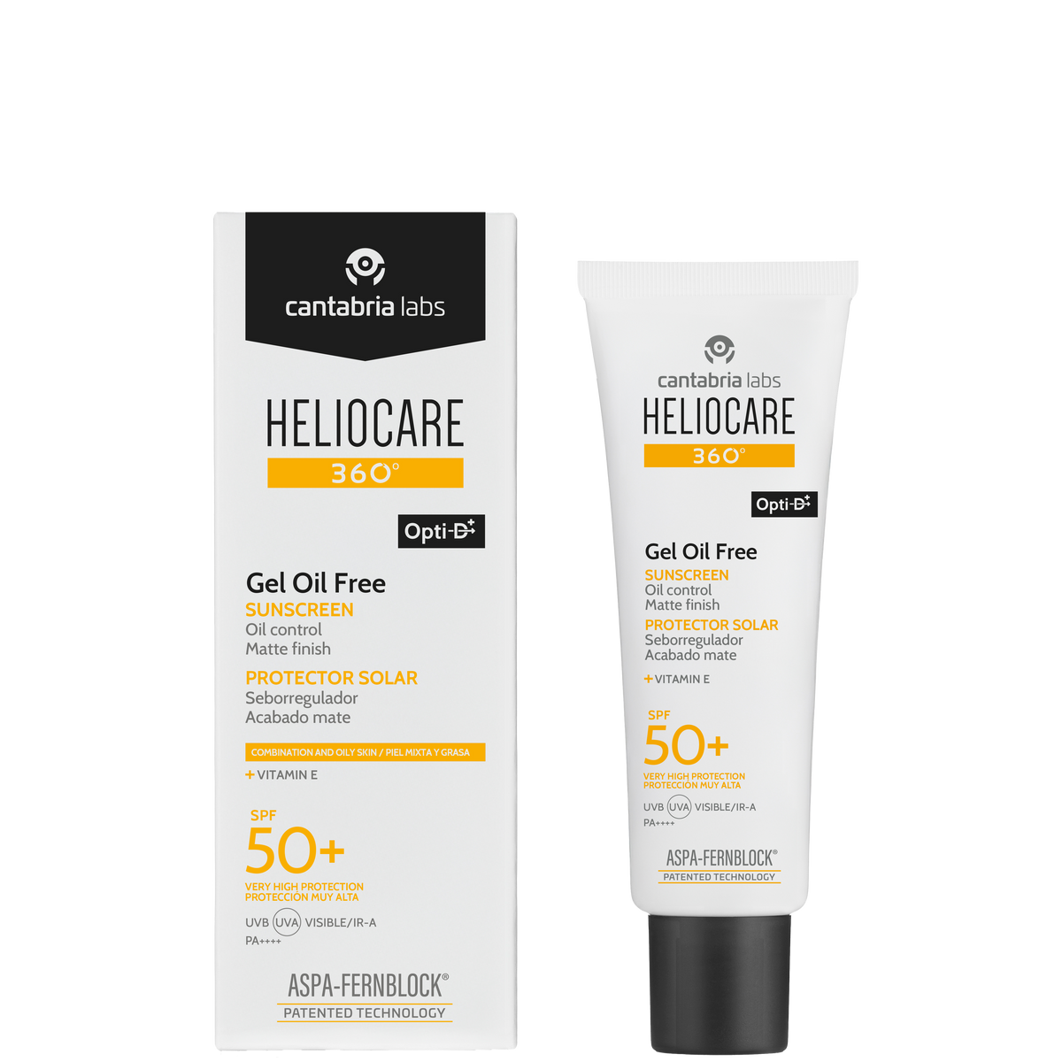 Cantabria Labs Heliocare 360 Gel Oil-Free Sunblock SPF 50+ in white tube with black cap, lightweight formula for oily skin, matte finish, broad-spectrum protection