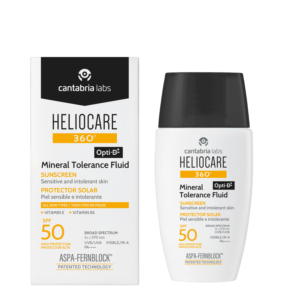 Cantabria Labs Heliocare Mineral Tolerance Fluid sunscreen box with black and white packaging, SPF 50, broad spectrum protection, suitable for sensitive skin