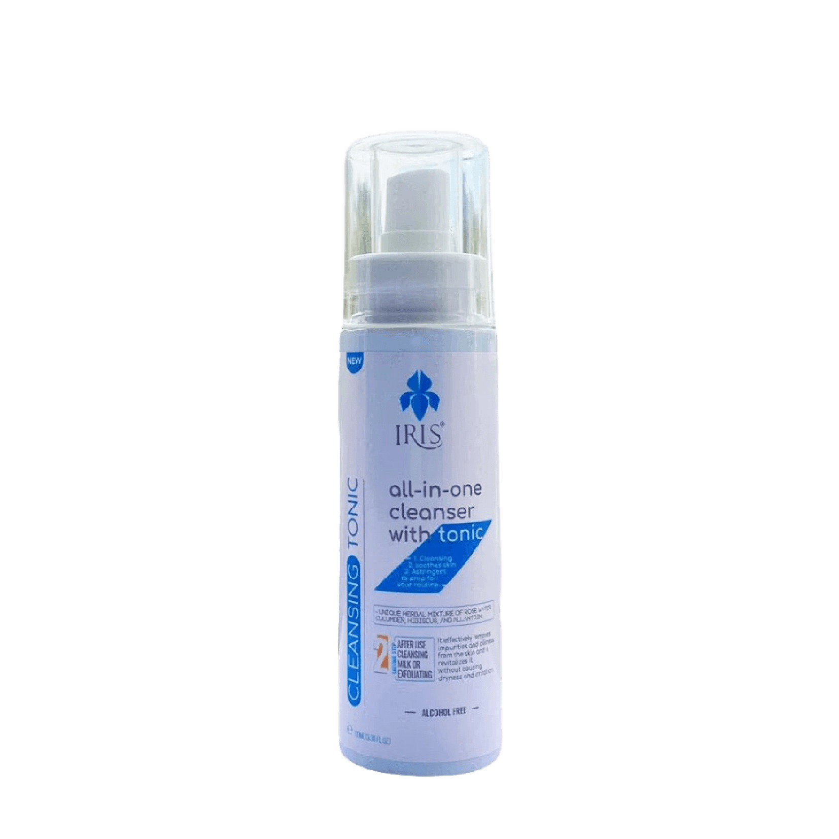 IRIS All In One Cleansing Tonic 100 ml is a 3-in-1 facial toner that cleanses, tones, and tightens pores. Infused with sage, tea tree oil, and rose water for a refreshed, smooth complexion.
