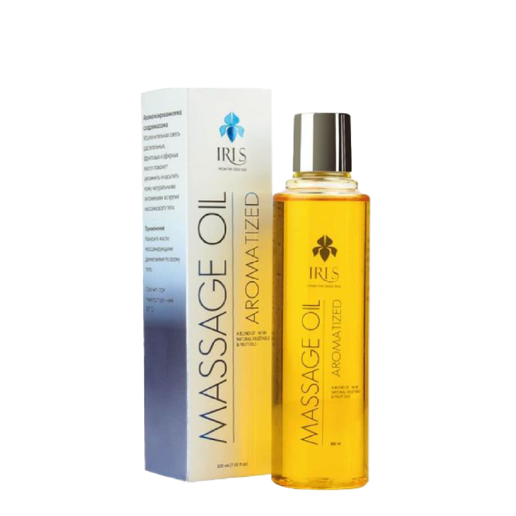 Iris Body Massage Oil Aromatized 225 ml with a nourishing blend of olive, orange, lemon, grape seed, jojoba, and lavender oils for relaxation and skin hydration.