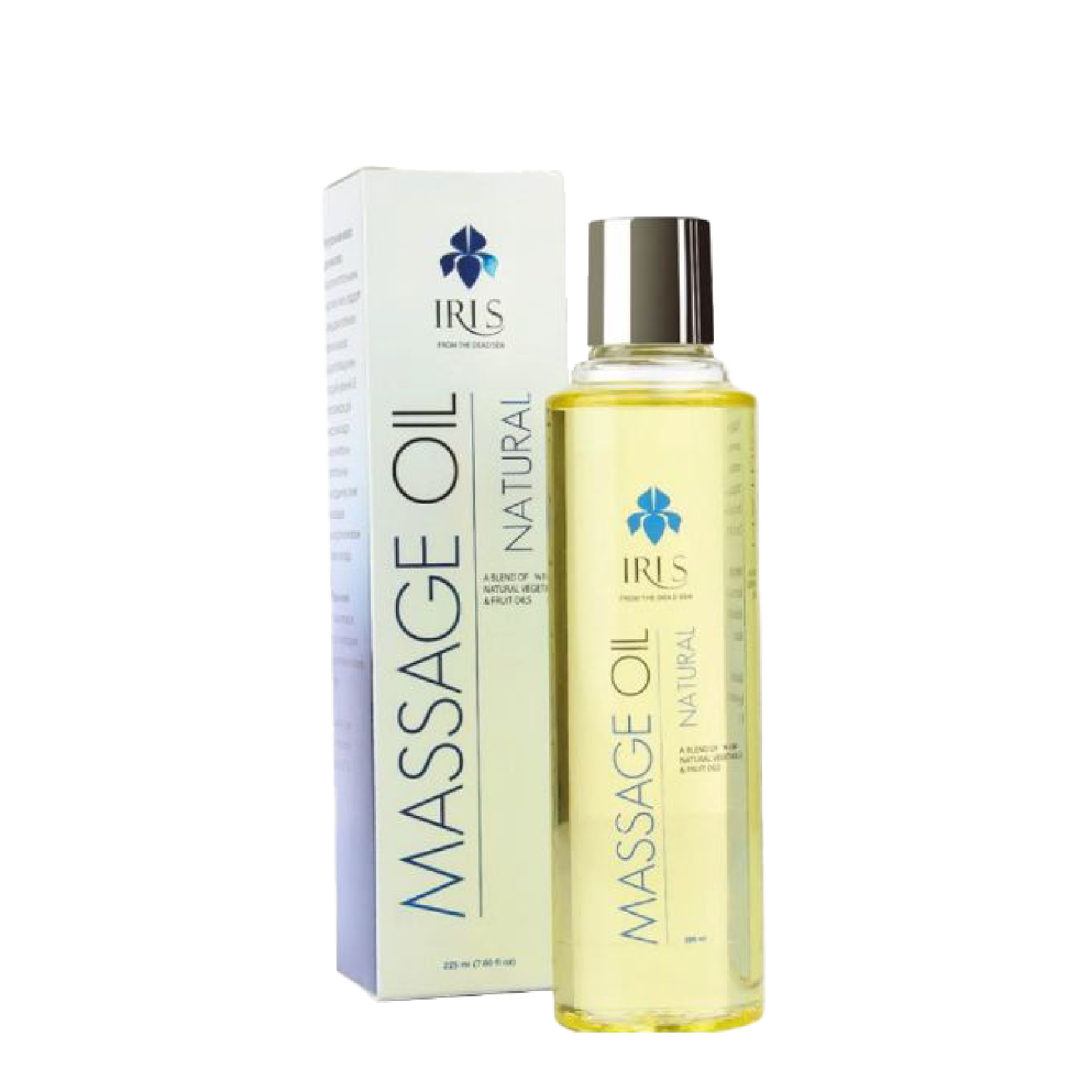 Iris Body Massage Oil Natural 225 ml with a lightweight, hypoallergenic formula for sensitive skin. Made with olive, grape seed, and jojoba oils for deep hydration and smooth glide.