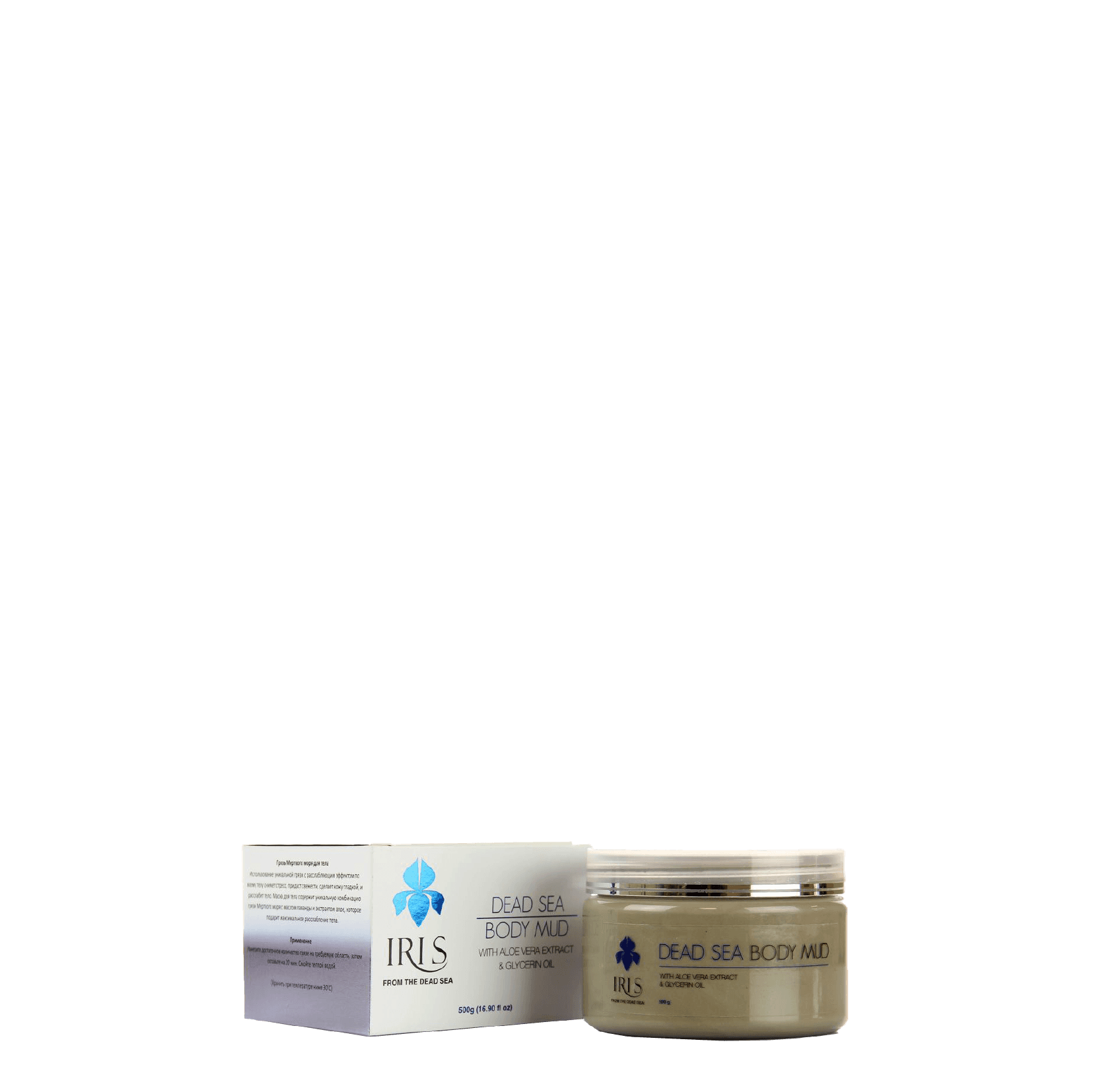 Iris Dead Sea Body Mud 500 G, a detoxifying body mud enriched with Dead Sea minerals, lavender oil, and aloe extract to cleanse pores and soothe muscles.