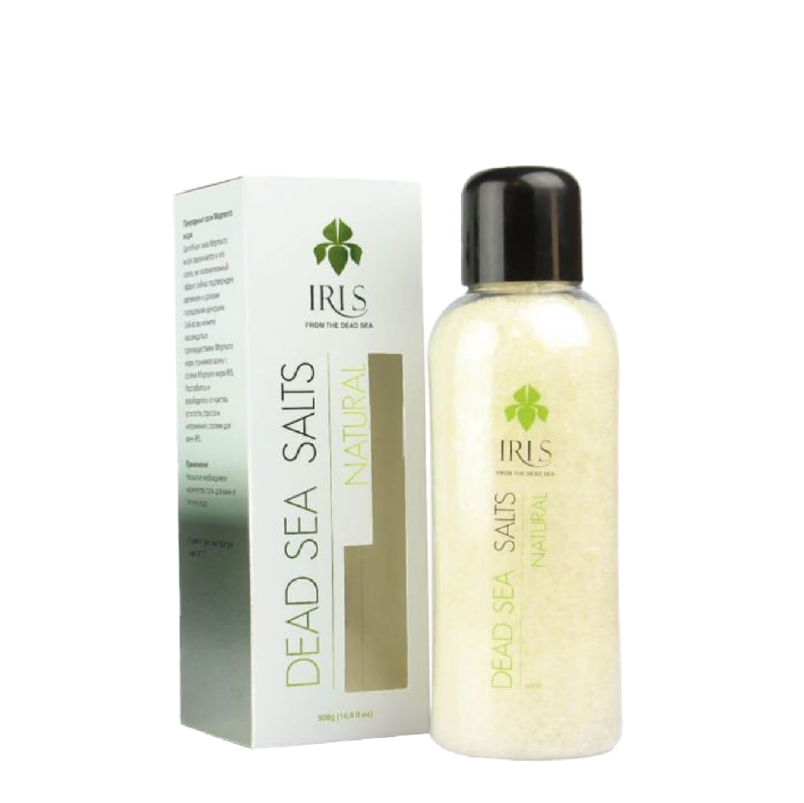 Iris Dead Sea Salts Natural 500 G, a fragrance-free bath salt rich in minerals to cleanse, detoxify, and soothe sensitive skin. Ideal for exfoliation and reducing inflammation.