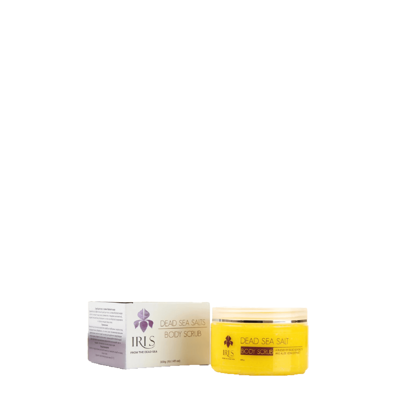 Iris Dead Sea Salts Body Scrub 300 G, a gentle exfoliator with Dead Sea salt, sugar, and Vaseline. Deeply moisturizes, detoxifies pores, and smooths rough skin.
