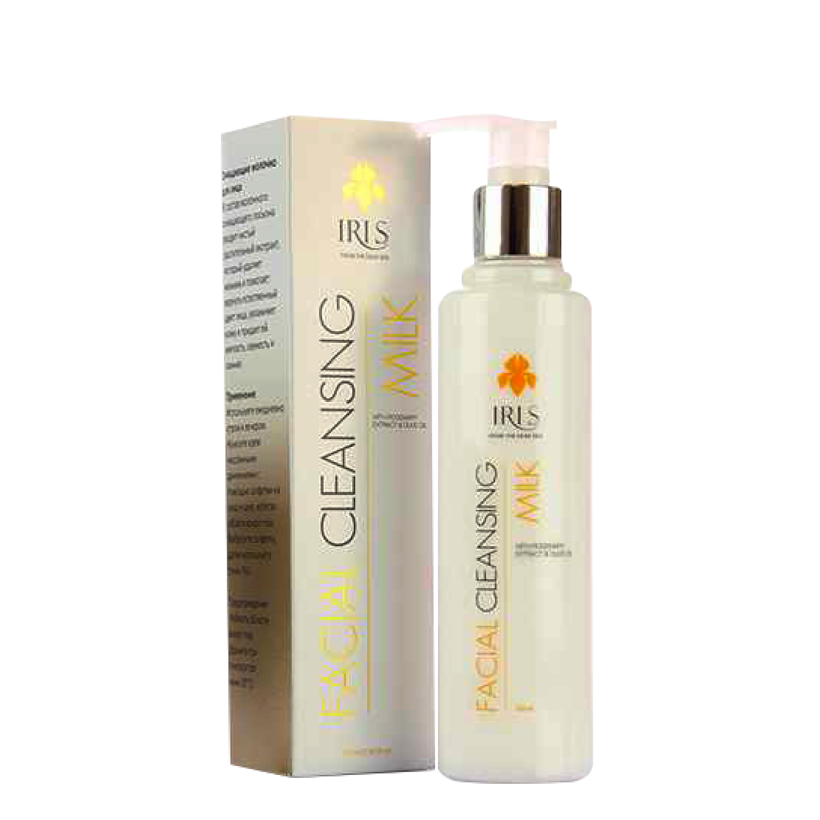 IRIS Facial Cleansing Milk 225 ml, a gentle makeup remover with rosemary extract, olive oil, and vitamins B5 + E. Hydrates and soothes sensitive skin.