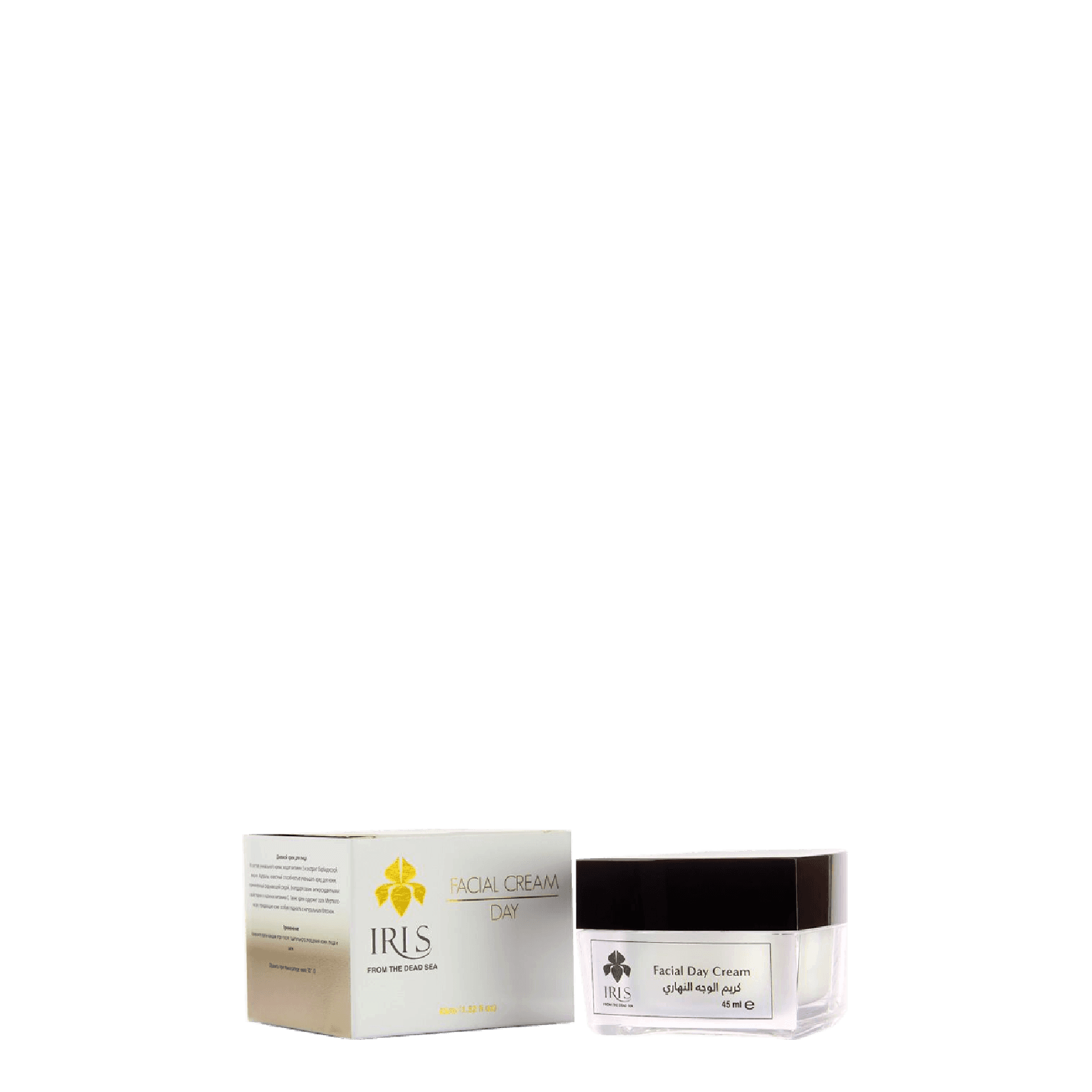 IRIS Facial Day Cream 45 ml with SPF 15, enriched with vitamin E, B5, cucumber extract, and almond oil for hydration and skin protection.