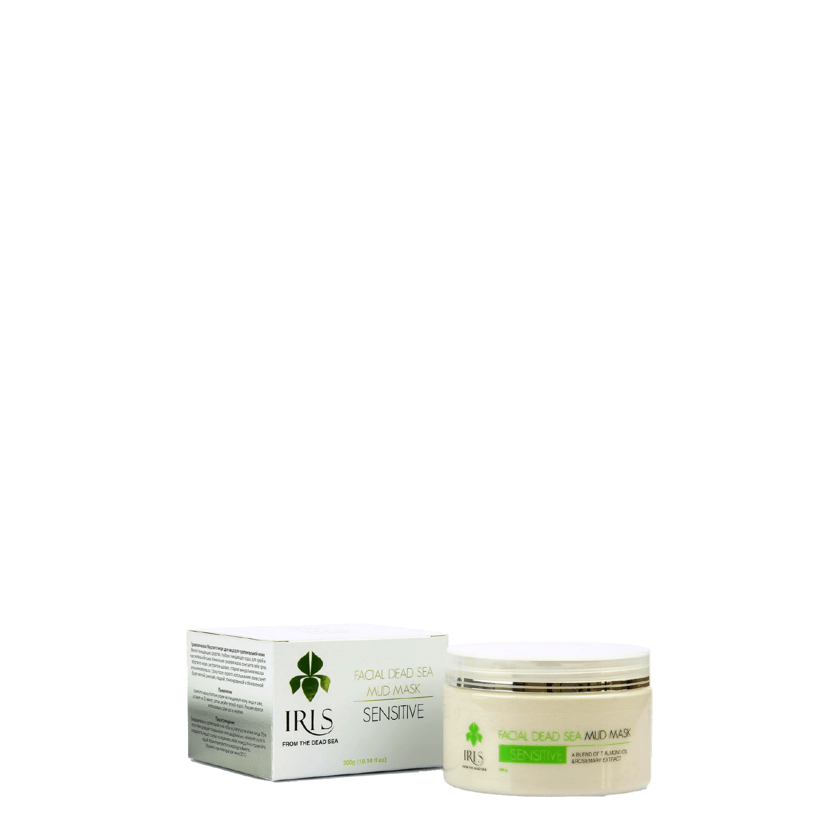 IRIS Facial Dead Sea Mud Mask for Sensitive Skin 300 G, a detoxifying and brightening skincare treatment. Infused with Dead Sea mud, glycerin, and vitamins for radiant, oil-free skin.
