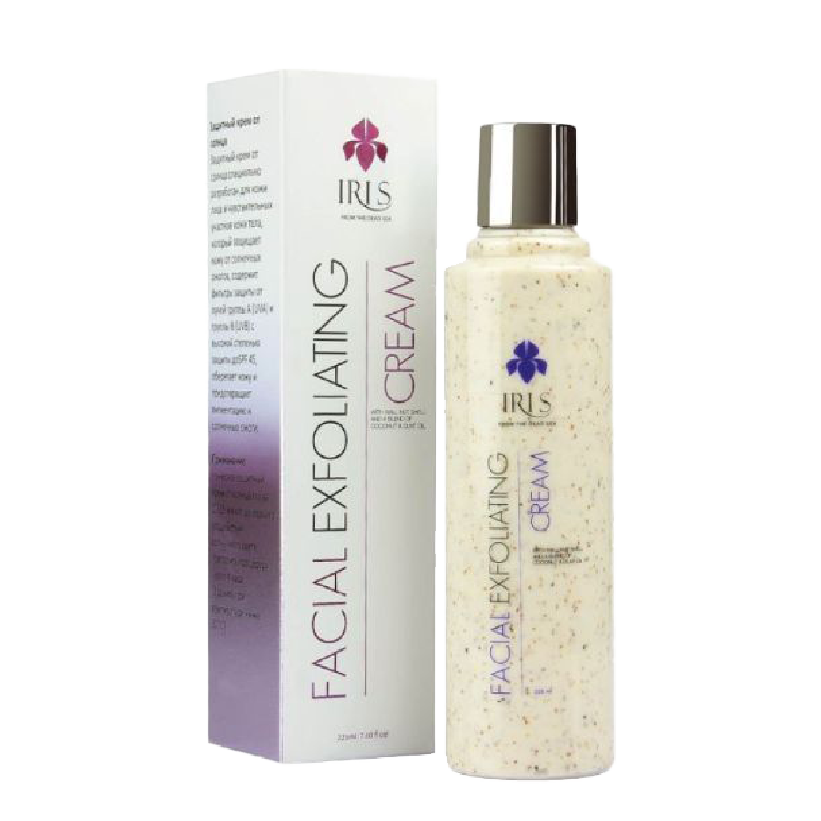 IRIS Facial Exfoliating Cream 225 ml with natural walnut shell powder and salicylic acid for deep pore cleansing and blackhead removal. Enriched with bamboo extract, shea butter, and jojoba oil for smoother, hydrated skin.