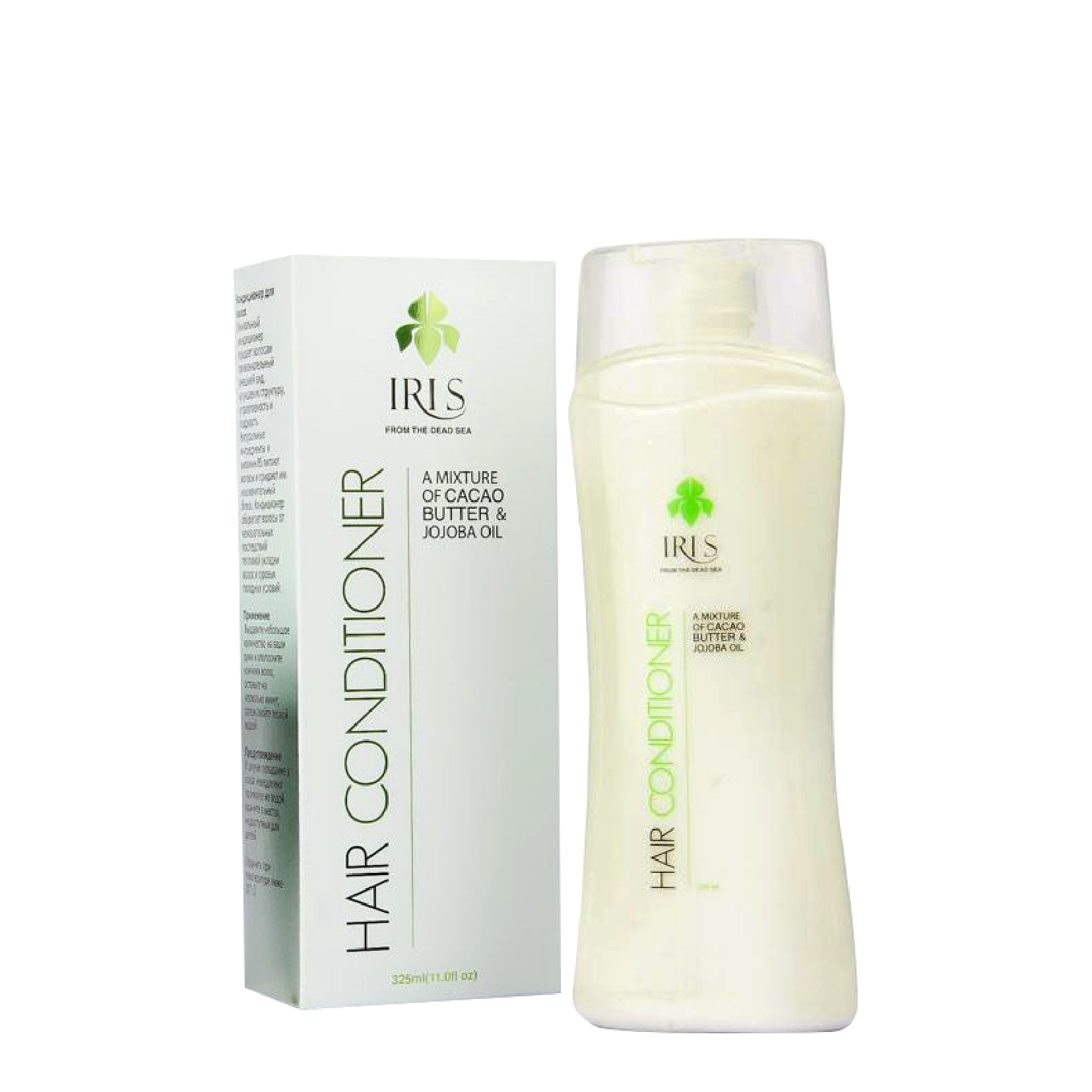 IRIS Hair Conditioner with Cacao Butter & Jojoba Oil 325 ml, a sulfate-free formula that deeply moisturizes, detangles, and reduces frizz for all hair types.