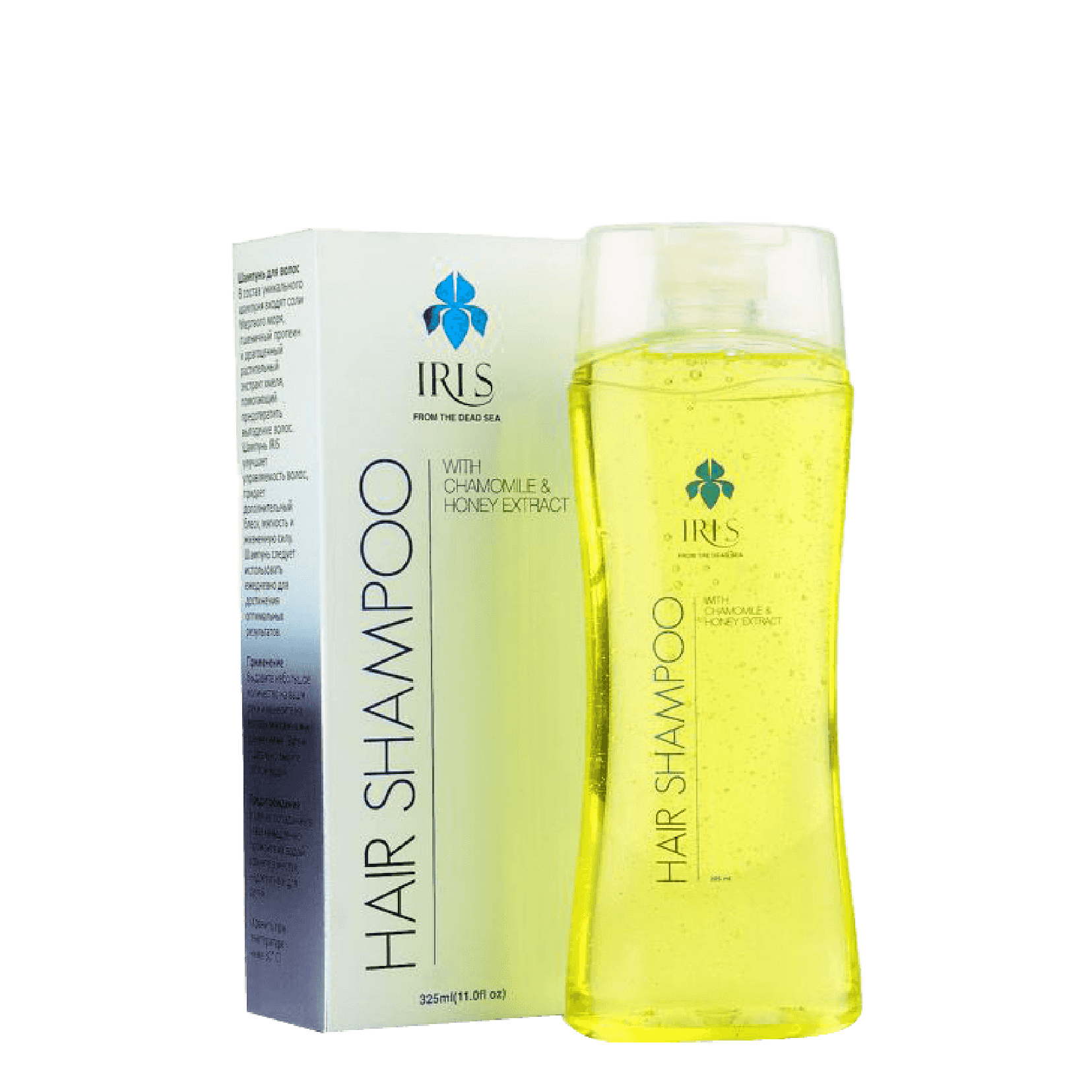 IRIS Hair Shampoo with Chamomile & Honey Extract 325 ml. Sulfate-free and paraben-free formula enriched with chamomile, honey, argan oil, and keratin to nourish hair and soothe the scalp.