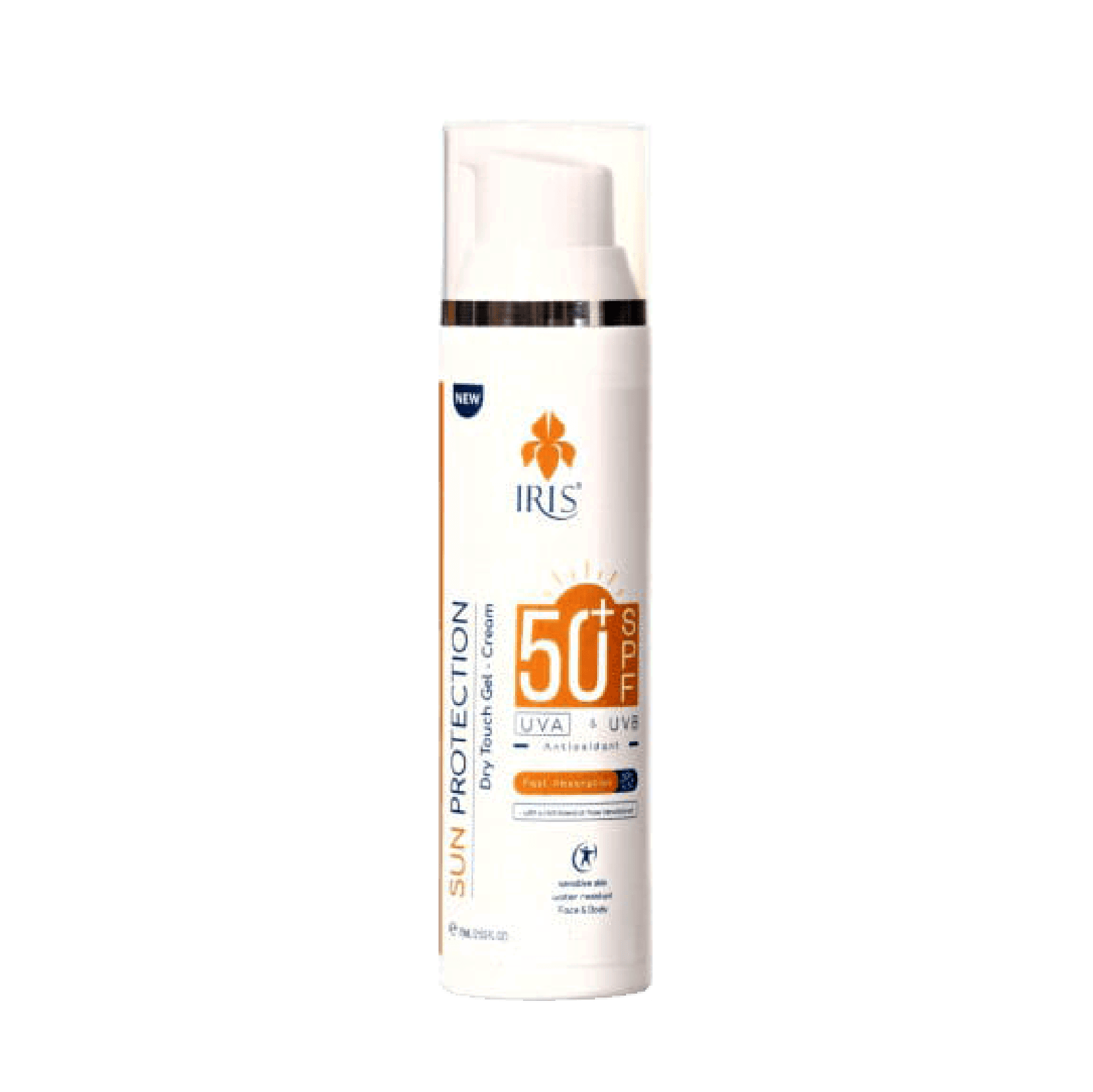IRIS SUN Gel–Cream SPF50+ (Dry Touch) 75 ml offers broad-spectrum UVA/UVB protection with a lightweight, non-greasy formula. Infused with titanium dioxide, aloe vera, and vitamins B5 + E for deep hydration and a cooling effect.