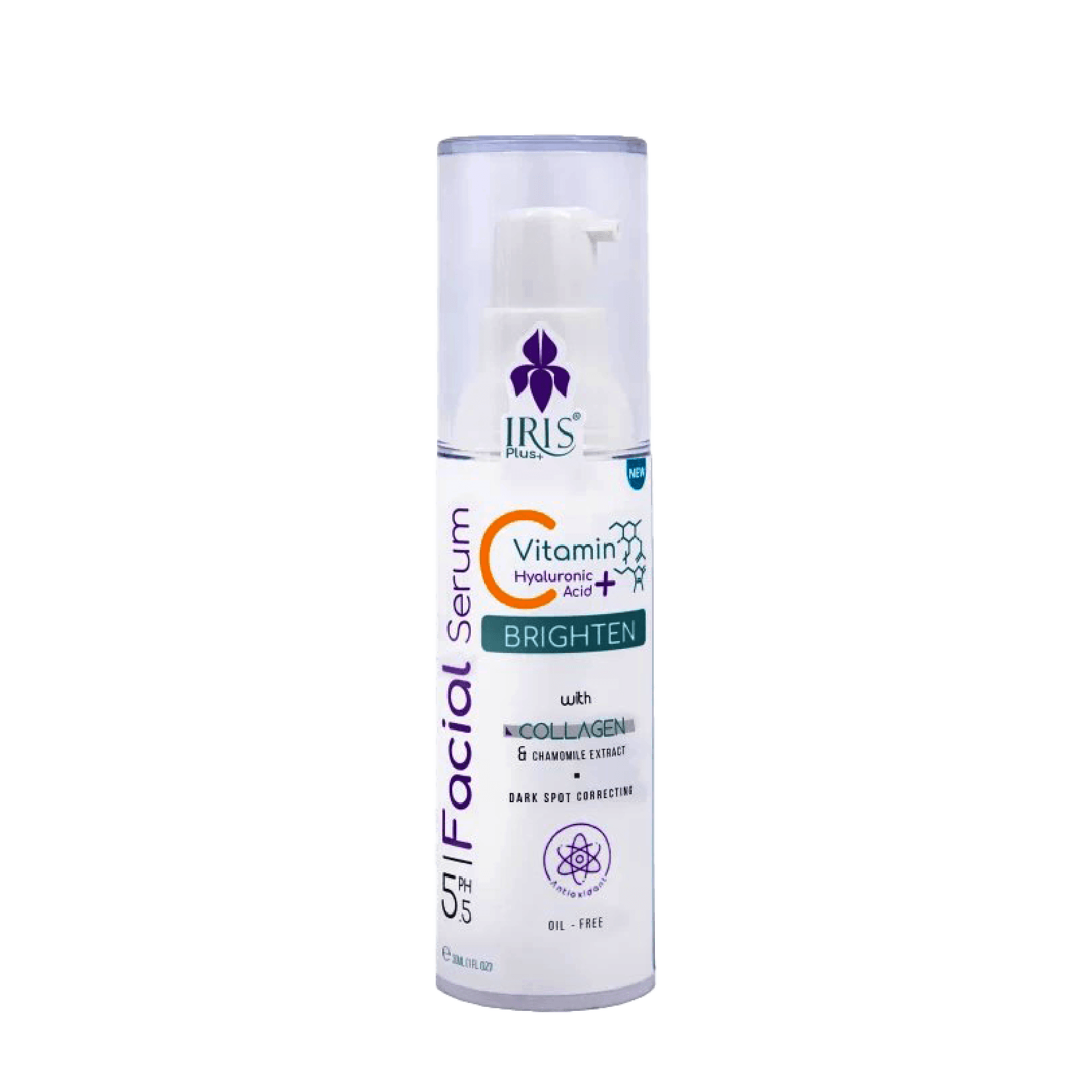 IRIS Vitamin C & Hyaluronic Acid Facial Serum 30 ml in an airless pump bottle. This pH-balanced serum brightens, hydrates, and soothes sensitive skin while targeting hyperpigmentation.