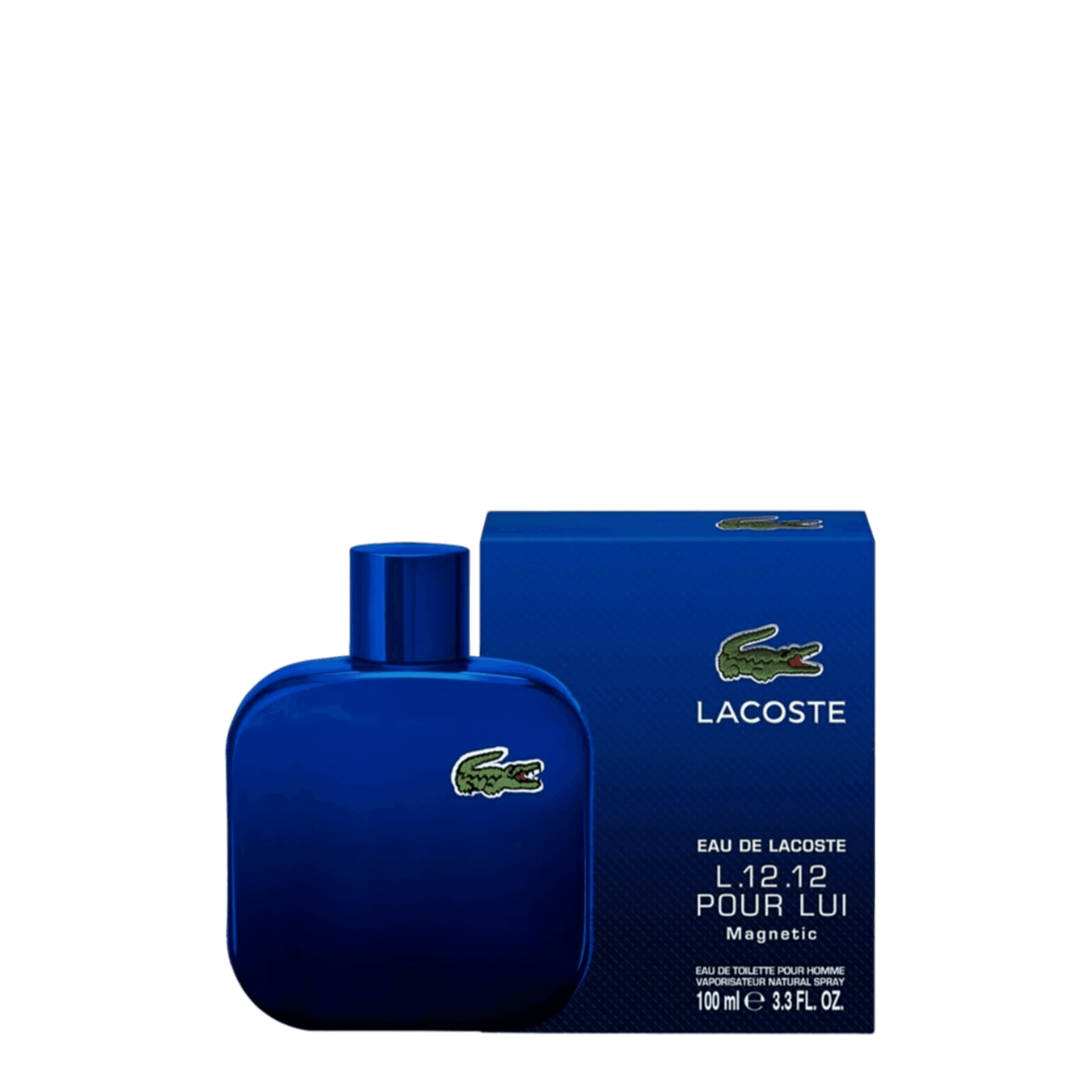 Lacoste L.12.12 Pour Lui Magnetic Eau de Toilette 100 ml, a dynamic men's fragrance with fresh, spicy, and woody notes. Presented in a sleek blue bottle with the iconic Lacoste logo.